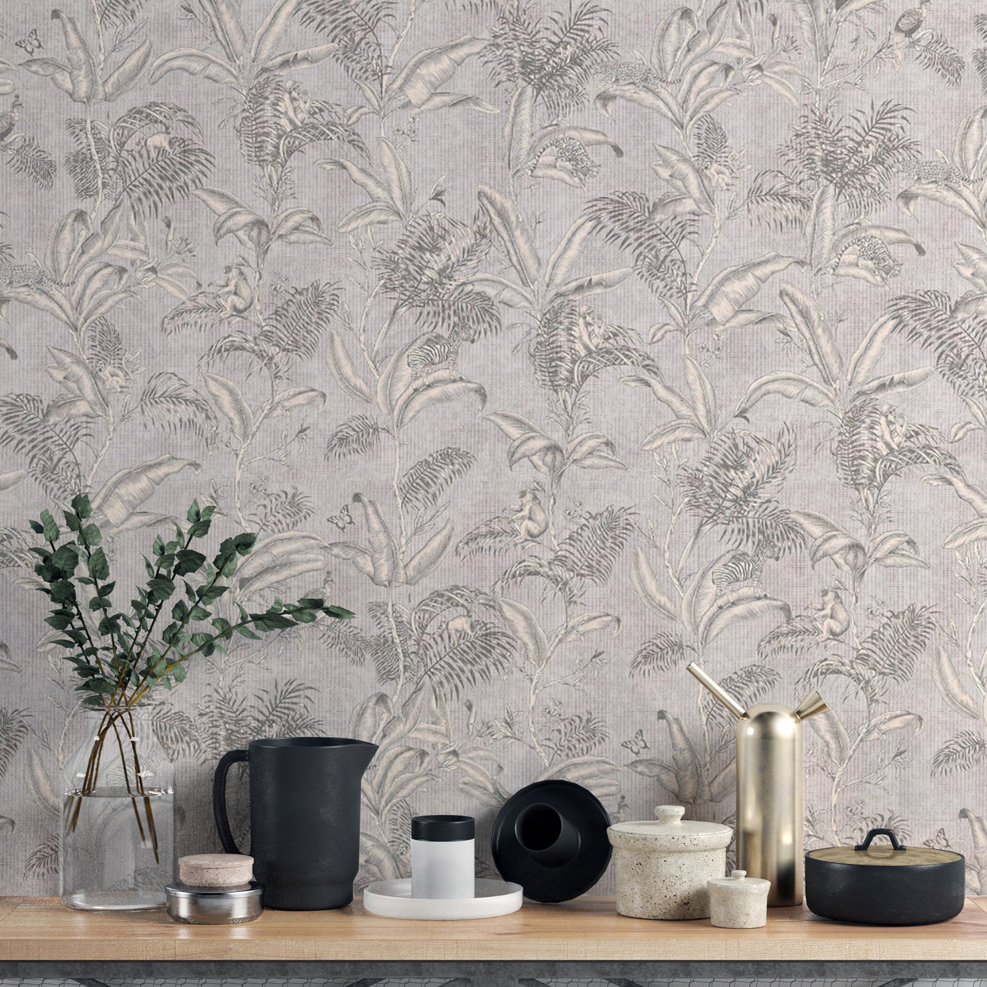 Neutral Gray Tropical Foliage Wallpaper for Any Room
