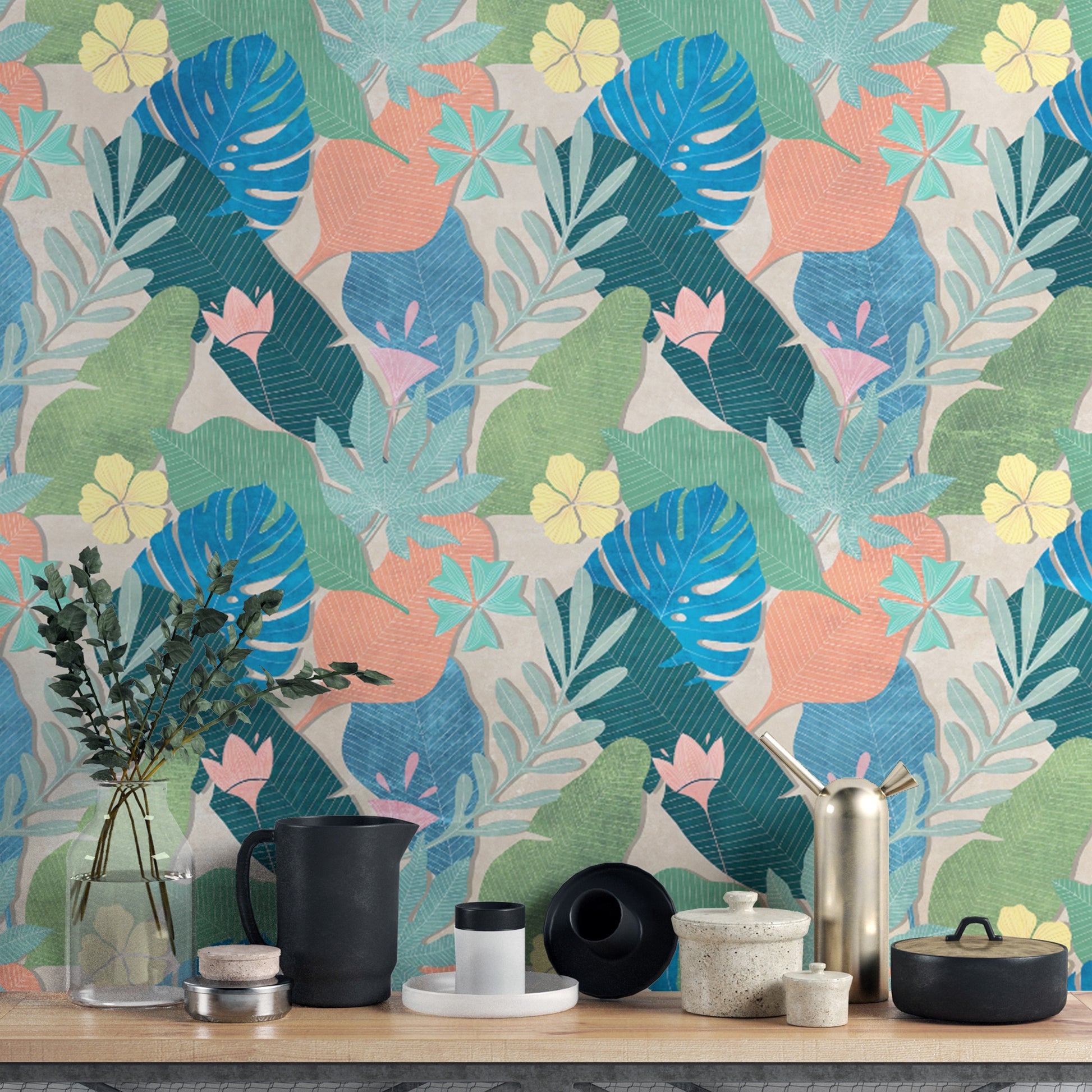 Bright Tropical Leaf and Flower Peel and Stick Wallpaper
