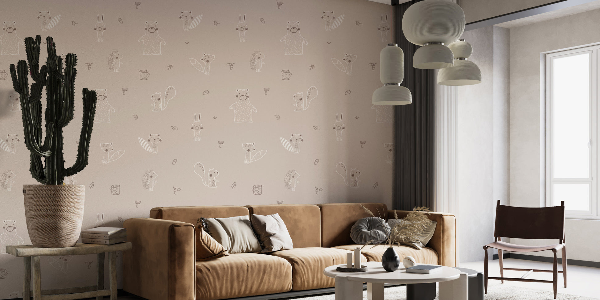 Beige woodland animals wallpaper for a serene nursery.
