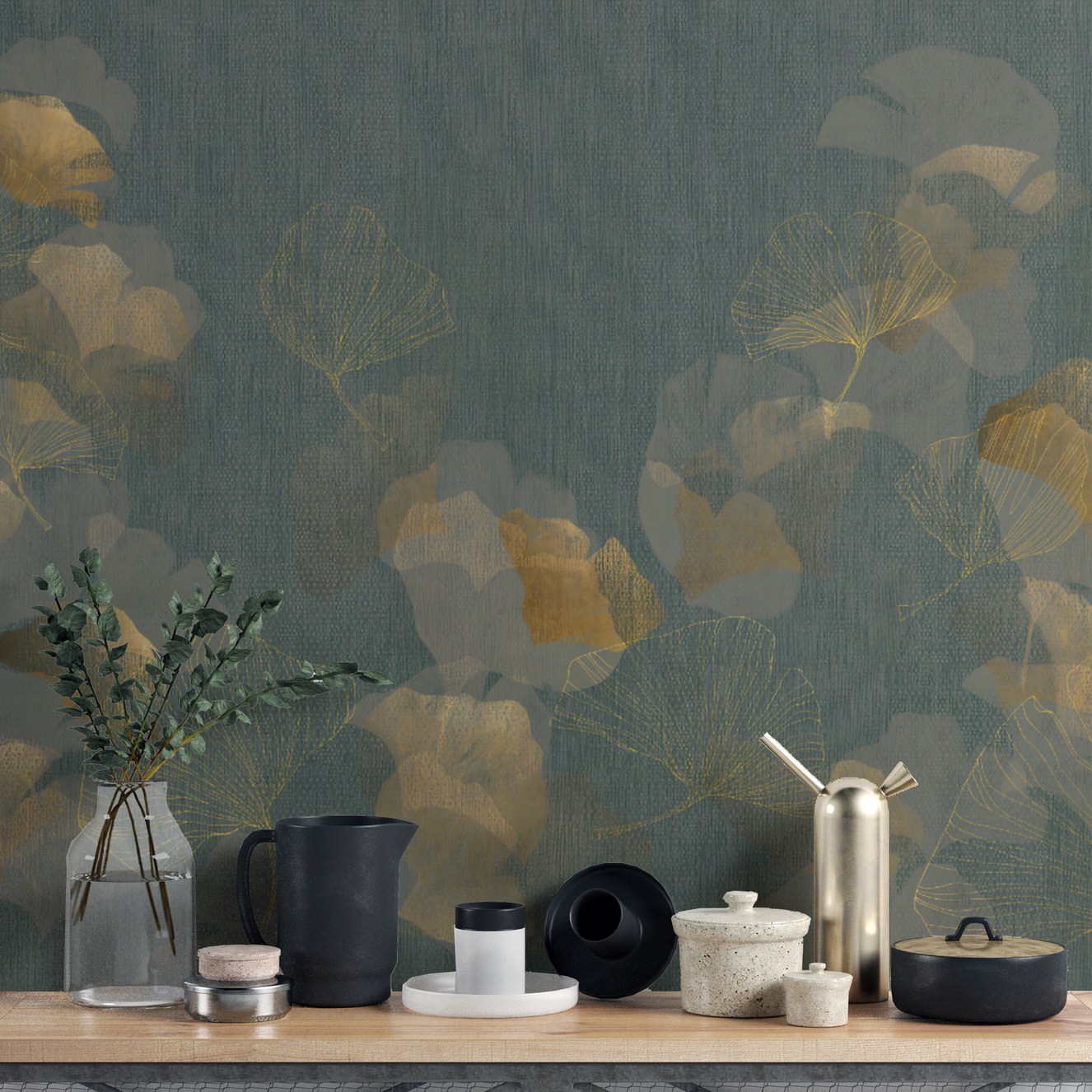 Green textured ginkgo wallpaper with golden leaf patterns
