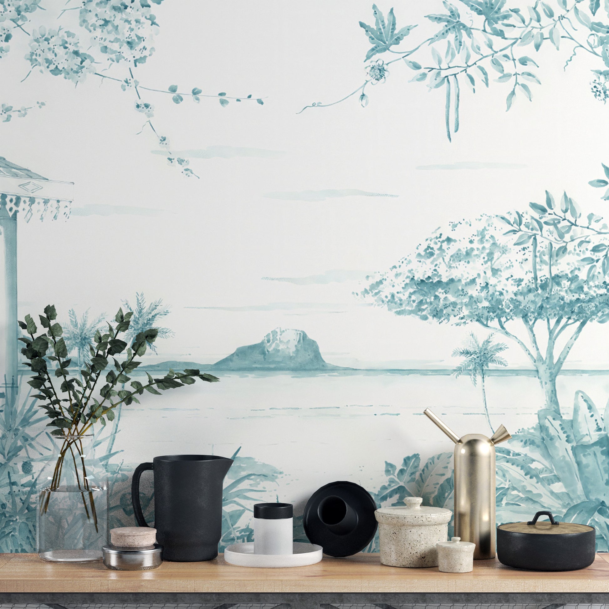 Tranquil ocean and palm tree wallpaper for interiors
