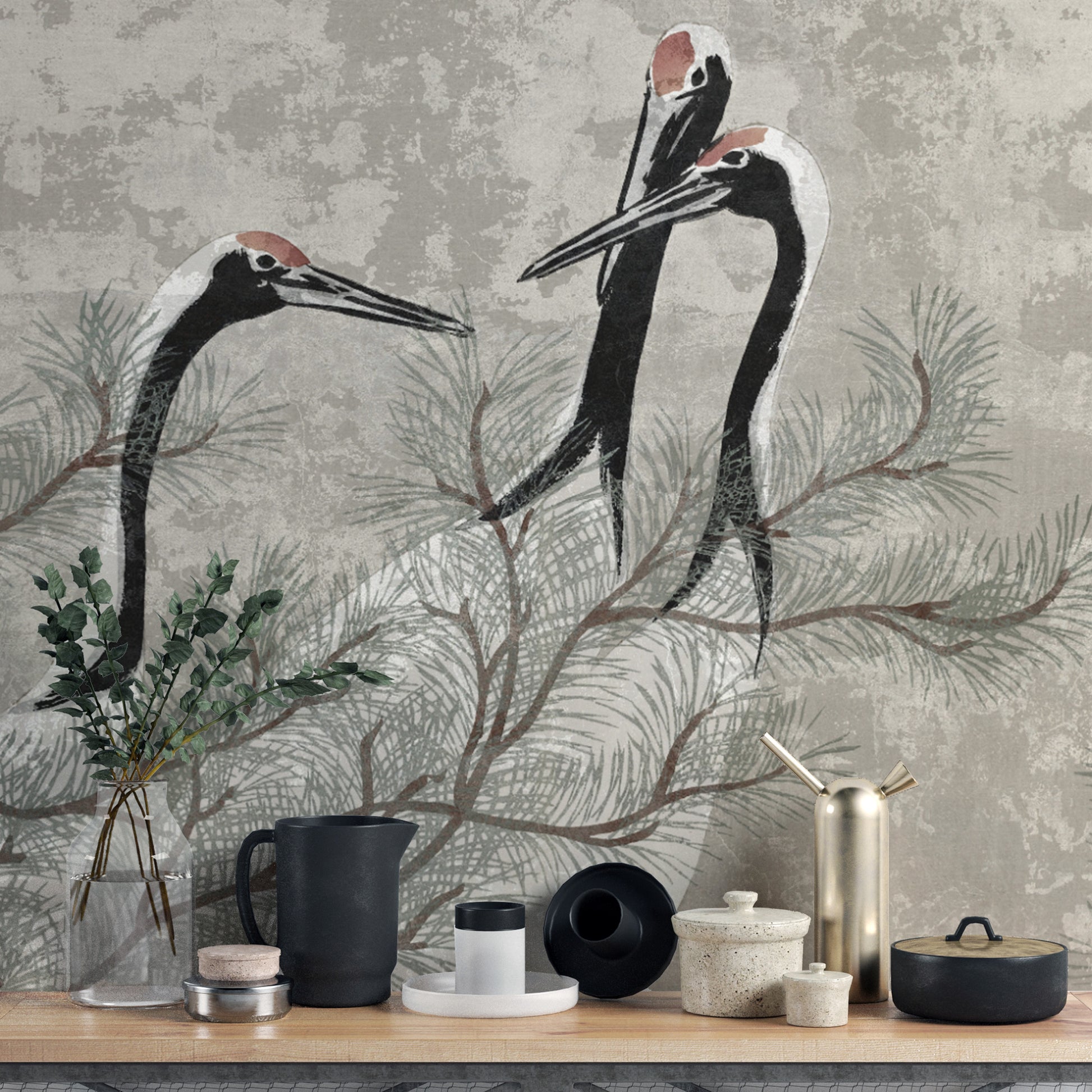 Sophisticated Asian Crane and Pine Tree Wall Mural
