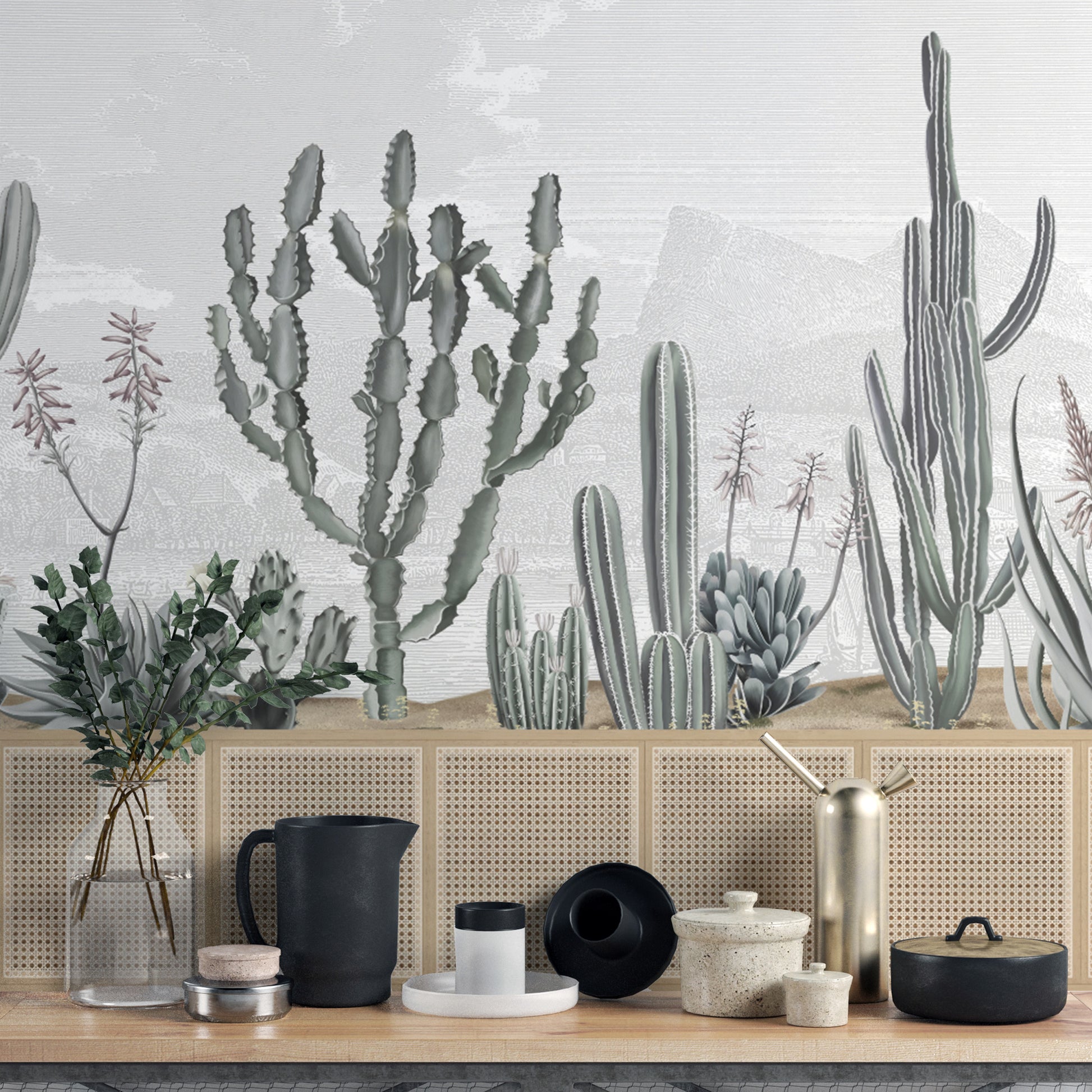 Boho cactus garden wallpaper mural with desert vibes
