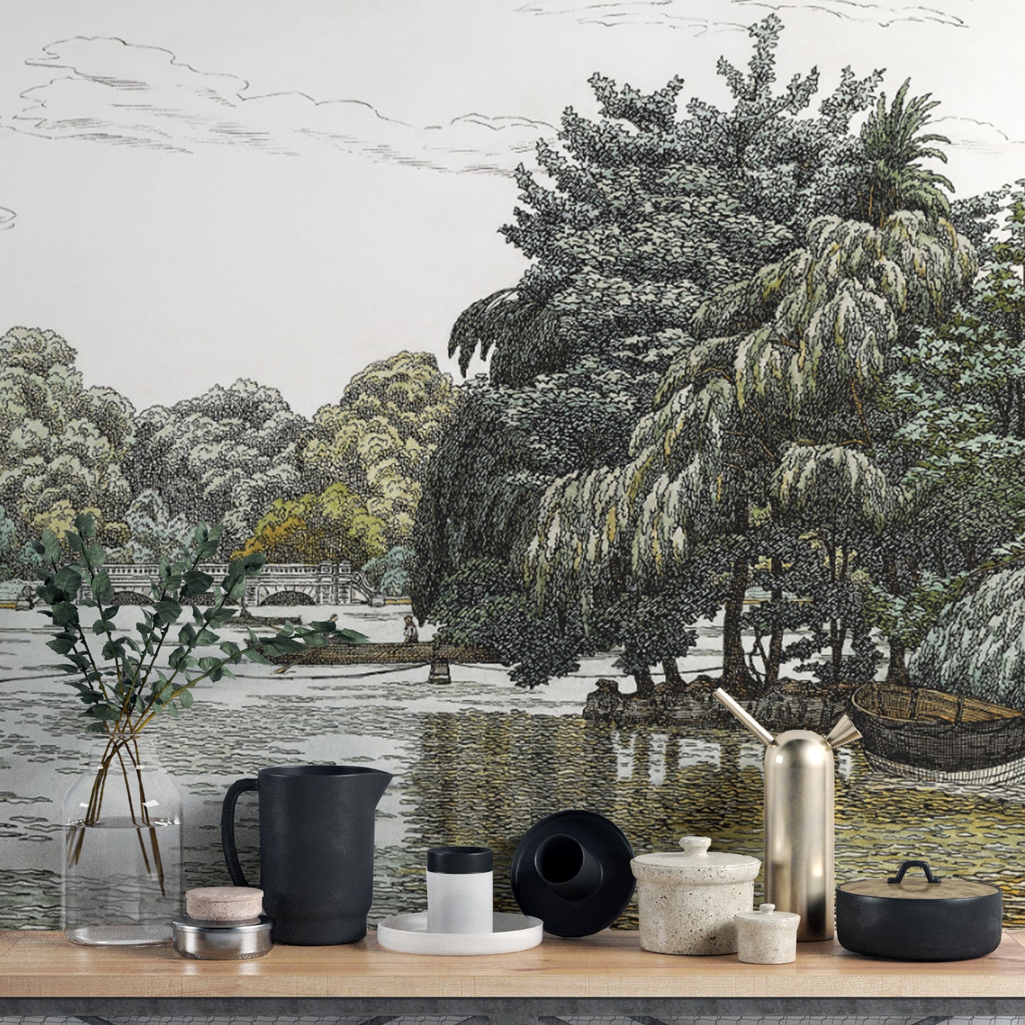 Hand-drawn vintage nature mural for classic decor
