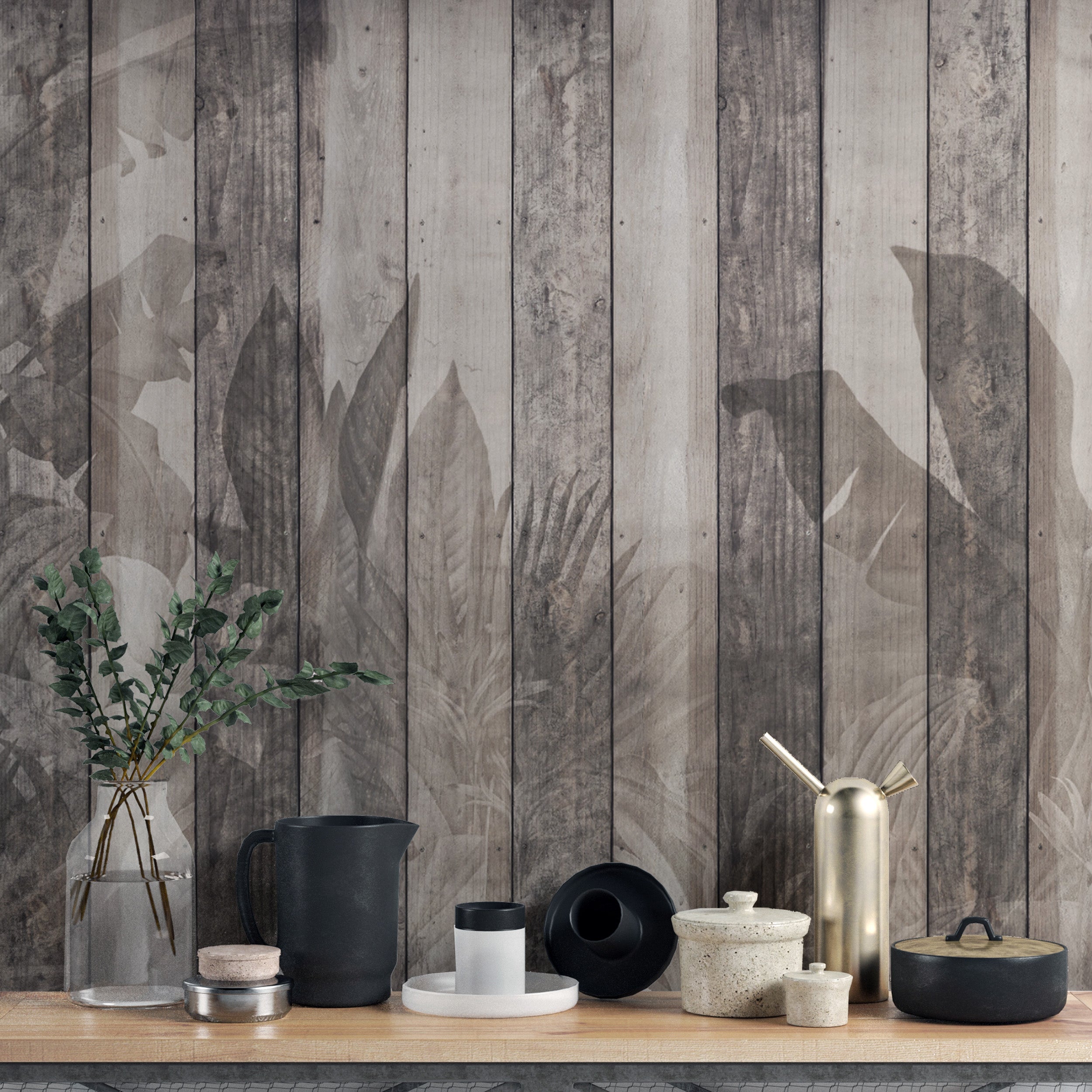 Botanical wood wallpaper with aged plank texture
