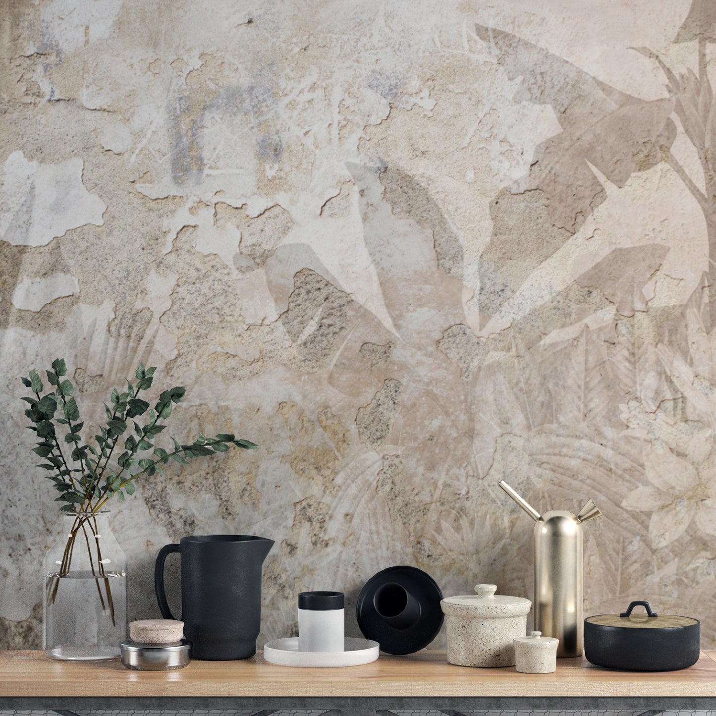 Rustic botanical wallpaper with weathered charm
