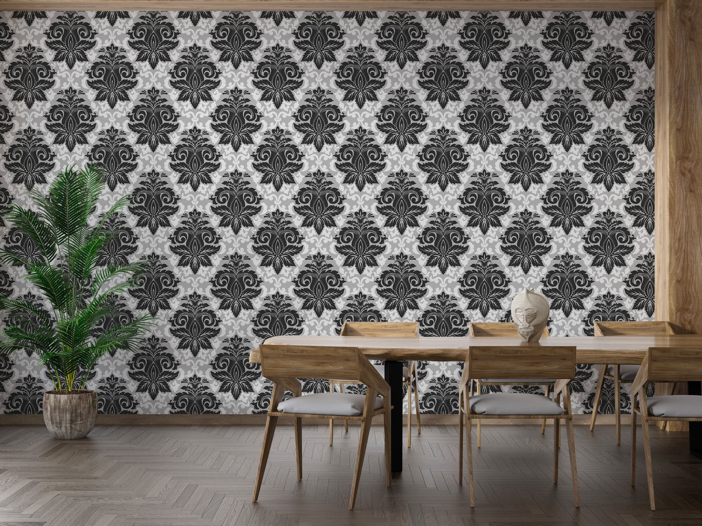 Stylish black and white damask wallpaper decor
