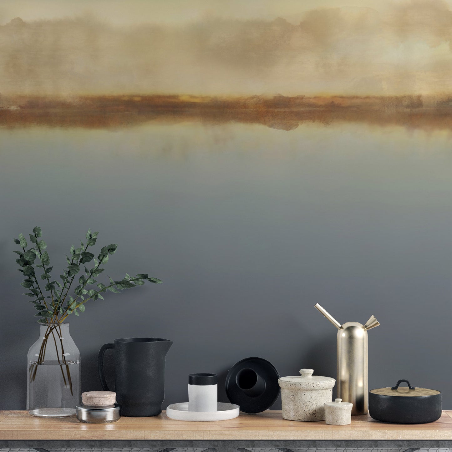 Nature-inspired misty lake wall art mural
