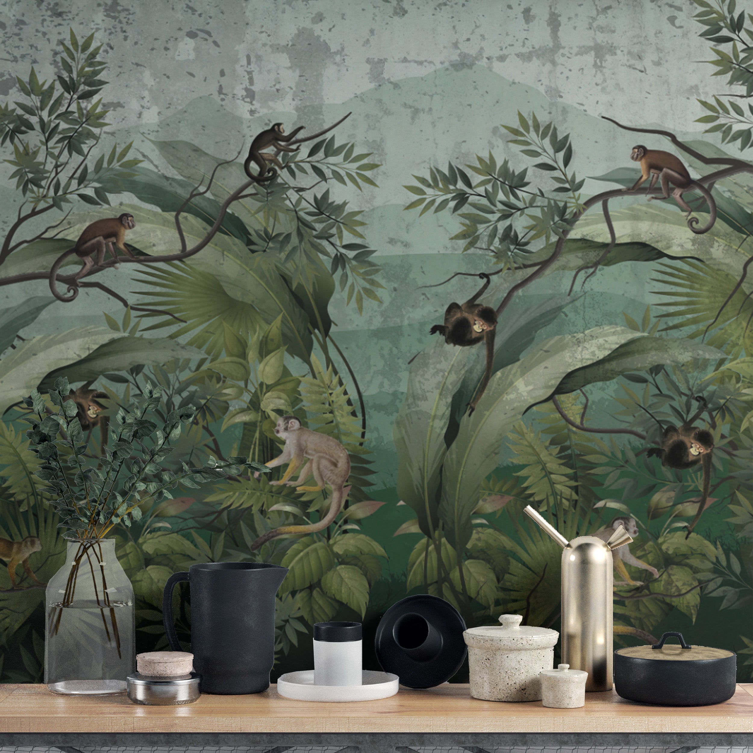 Tropical Monkey Jungle Wall Mural with lush rainforest scene
