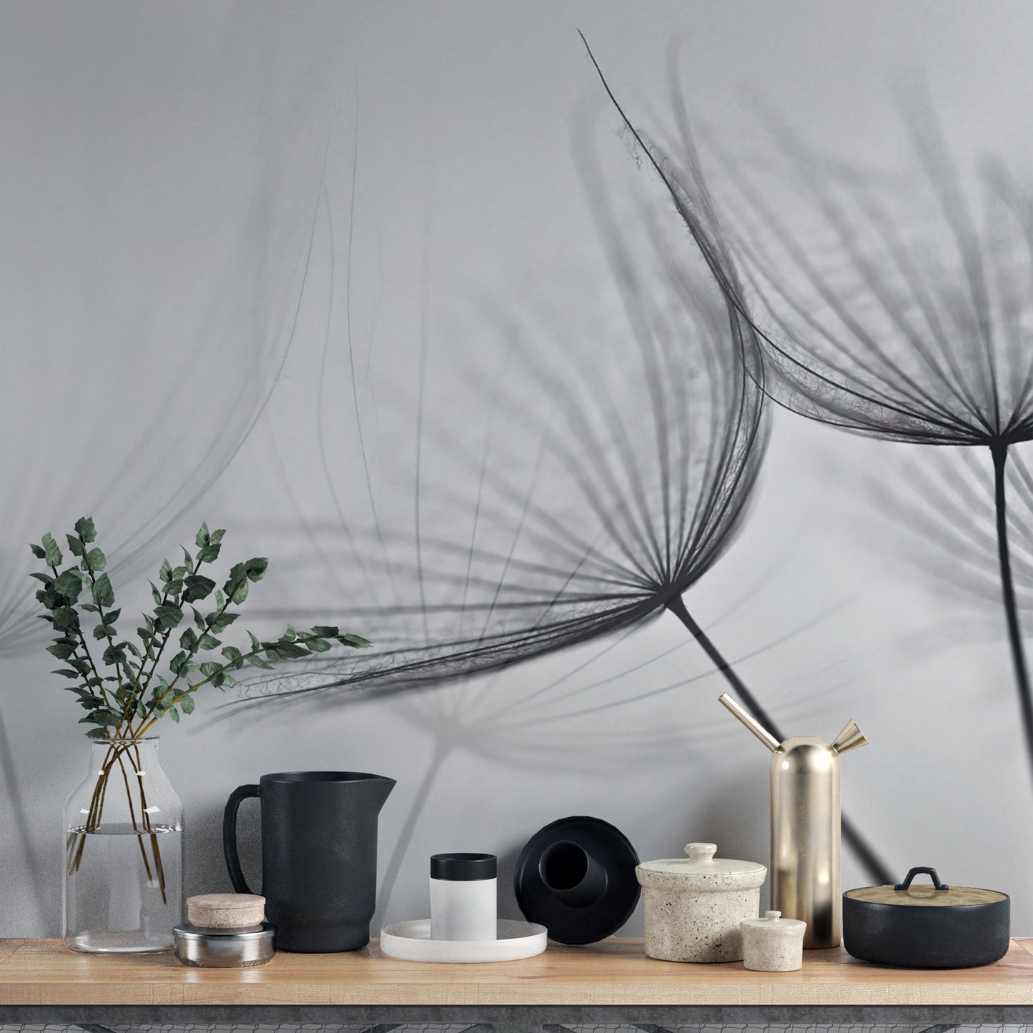 Artistic dandelion mural with delicate seed details
