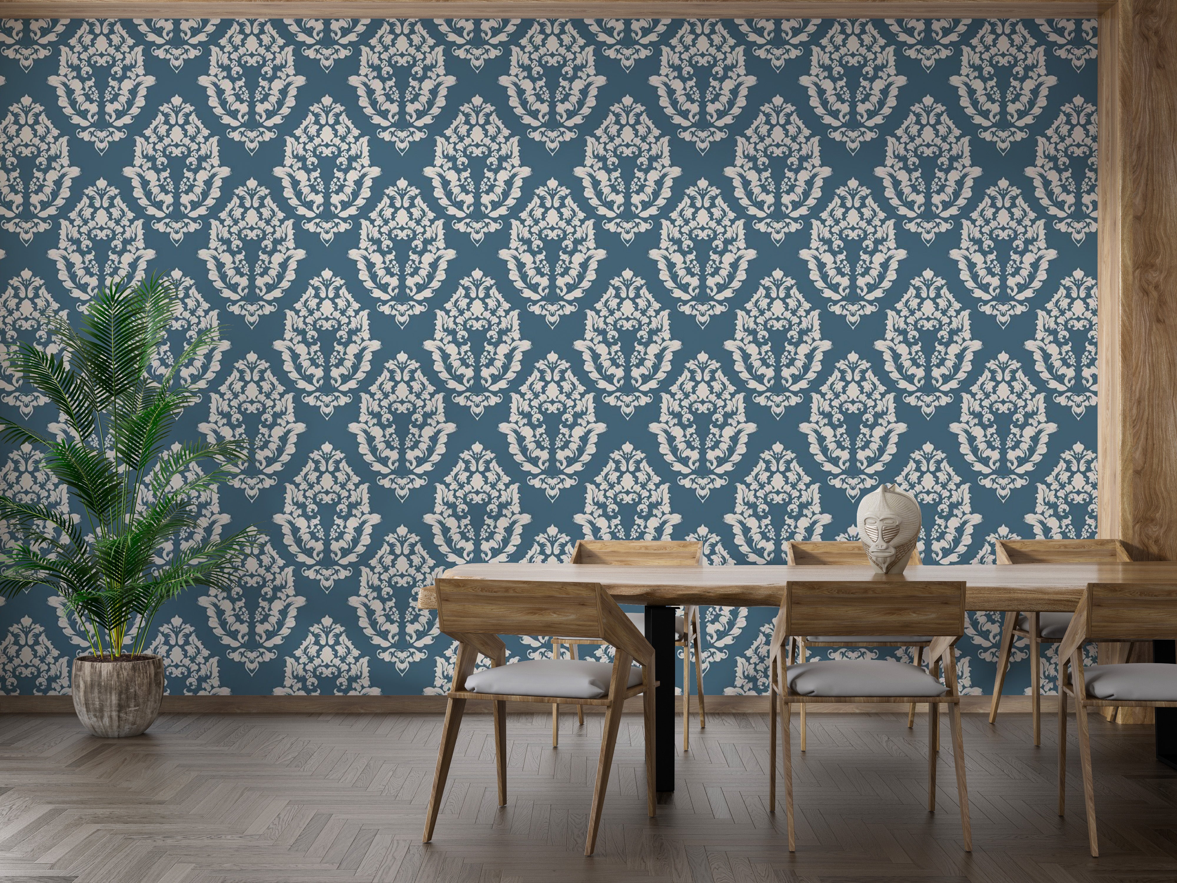 Classic damask wallpaper mural in blue tones
