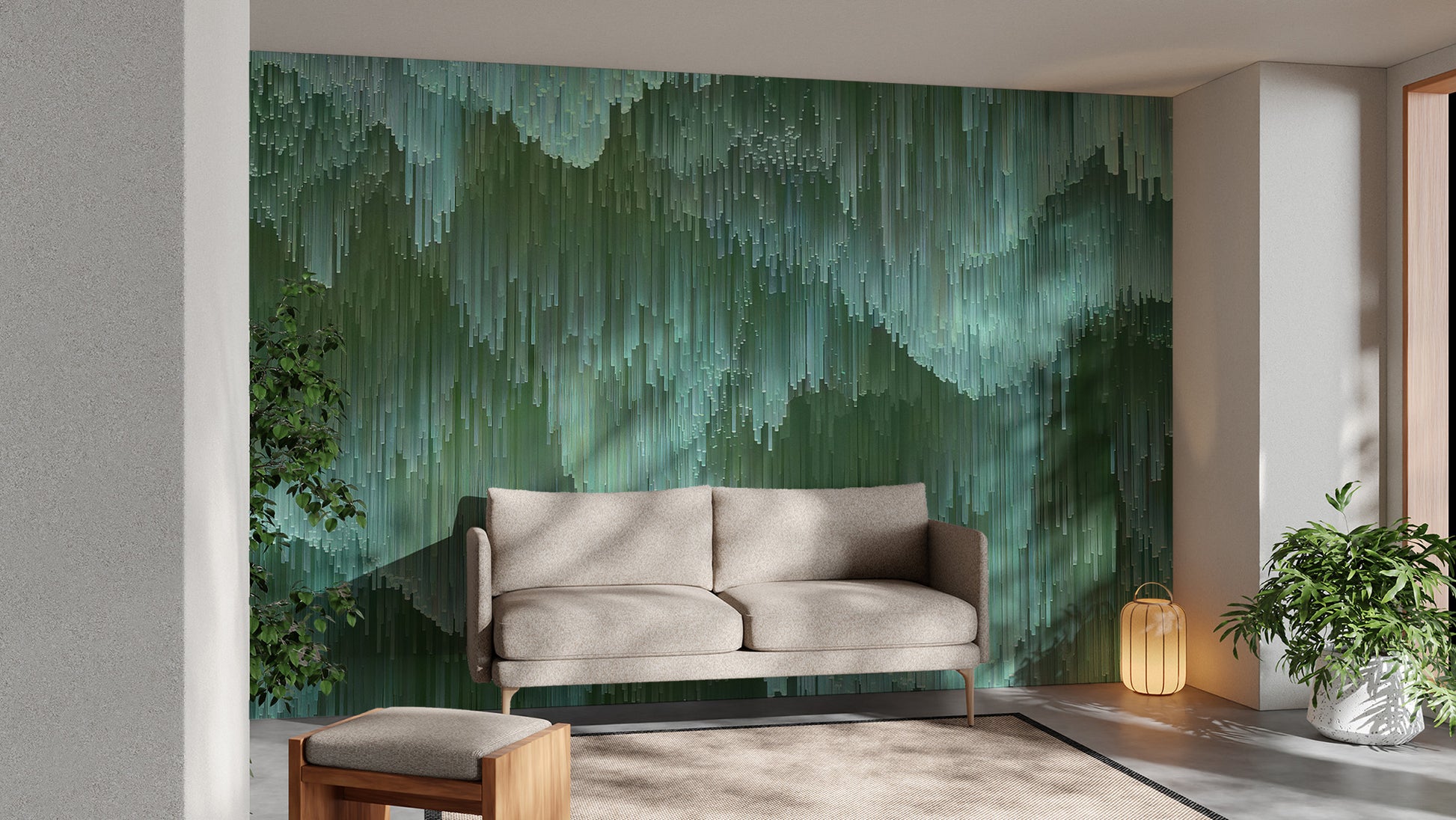 Luxurious emerald rain wallpaper for modern green decor.