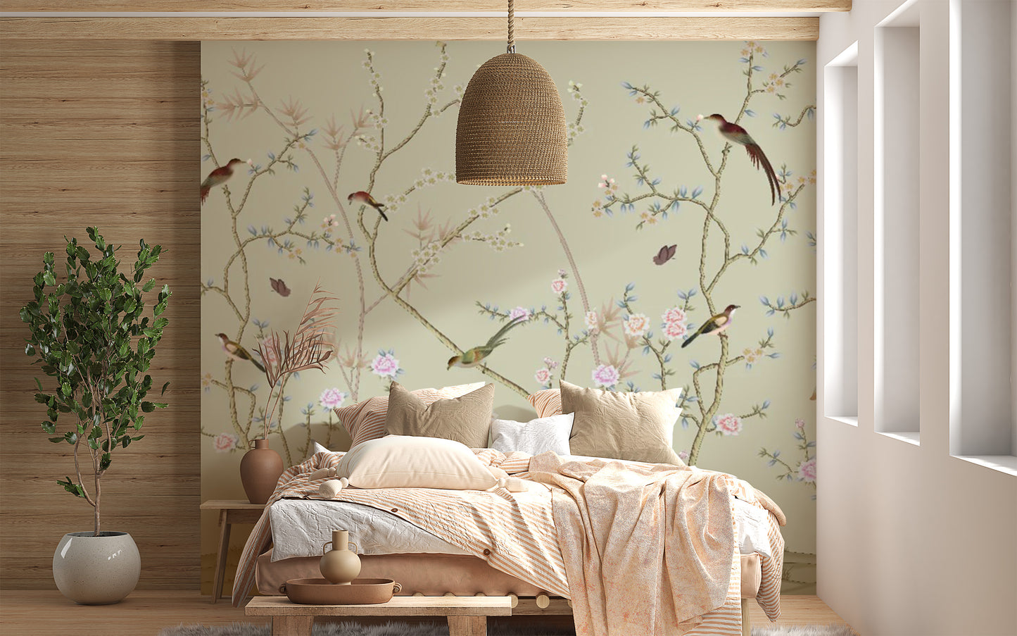 Elegant Chinoiserie Birds Mural
