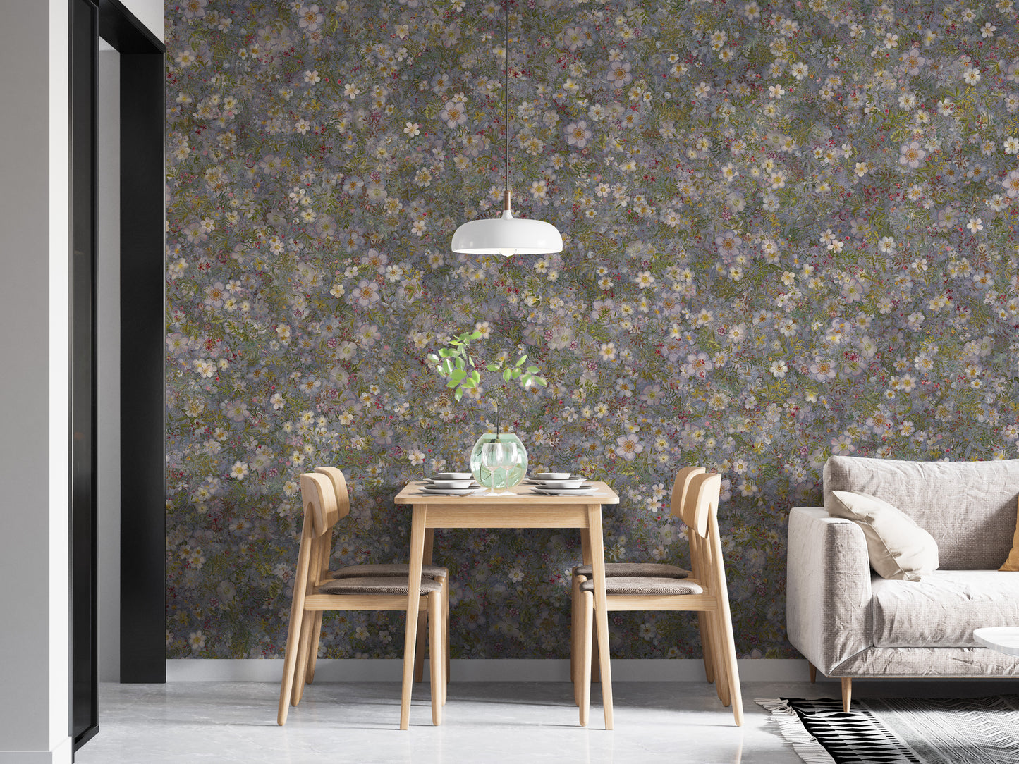 Embroidery Wild Flowers Lila White Wallpaper Murals