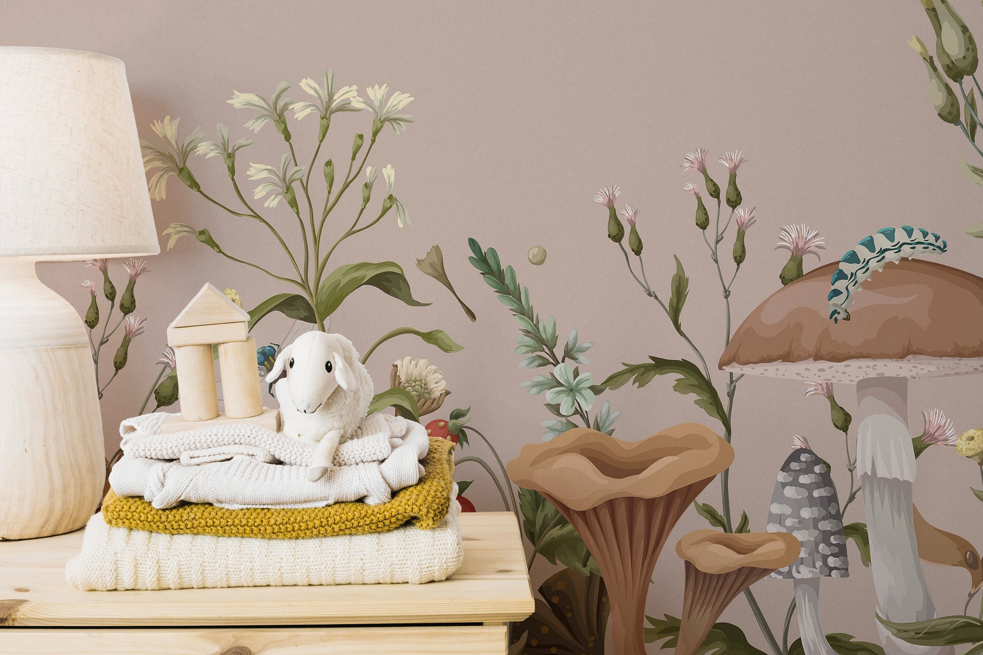 Add playful charm to your nursery with Mushroom Garden Wallpaper Mural