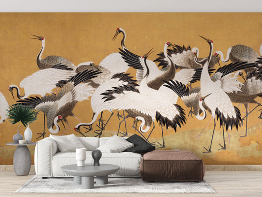 Golden mural of cranes for luxury wall decor
