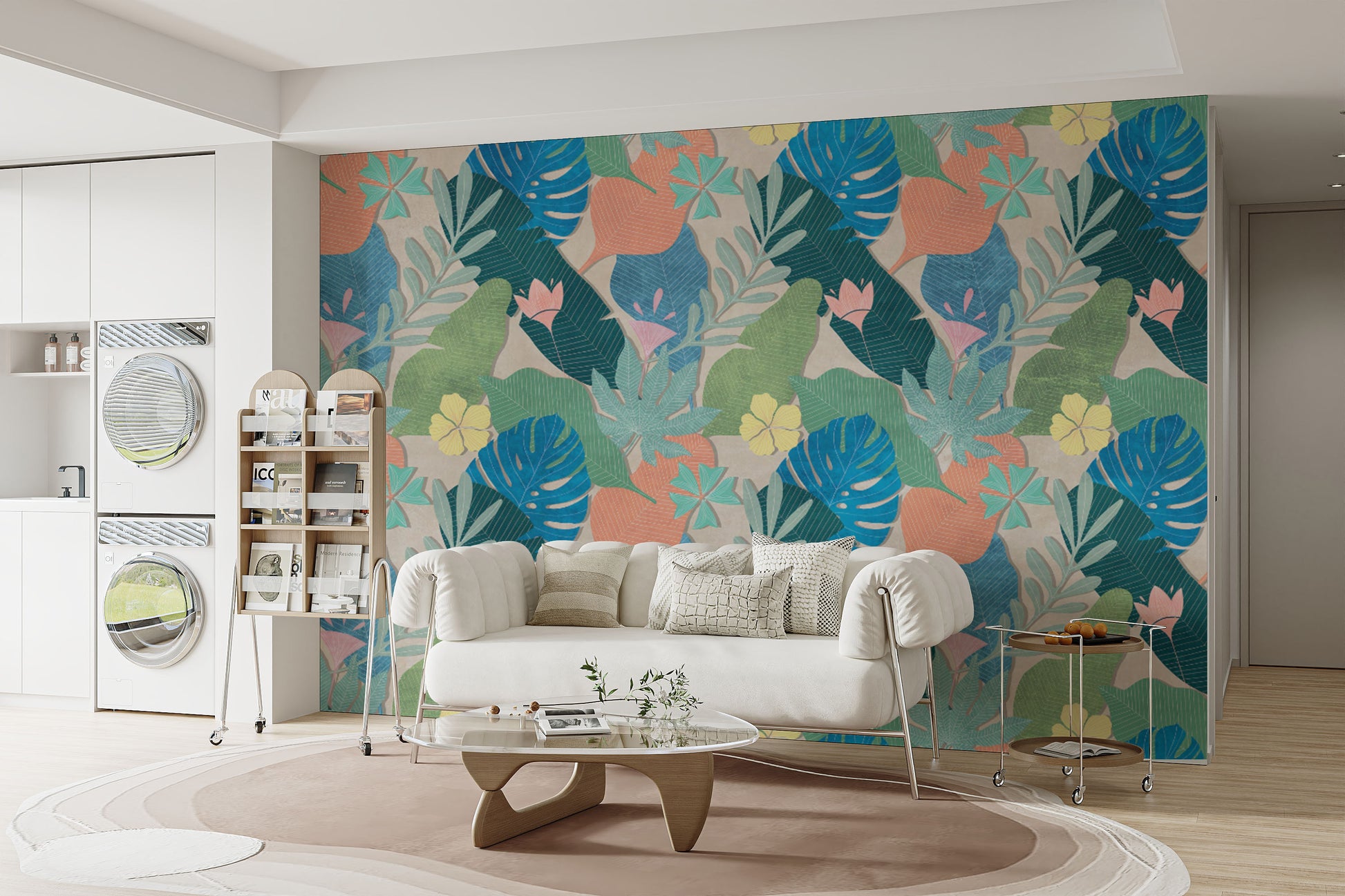 Modern Tropical Leaf and Flower Pattern Wallpaper Mural
