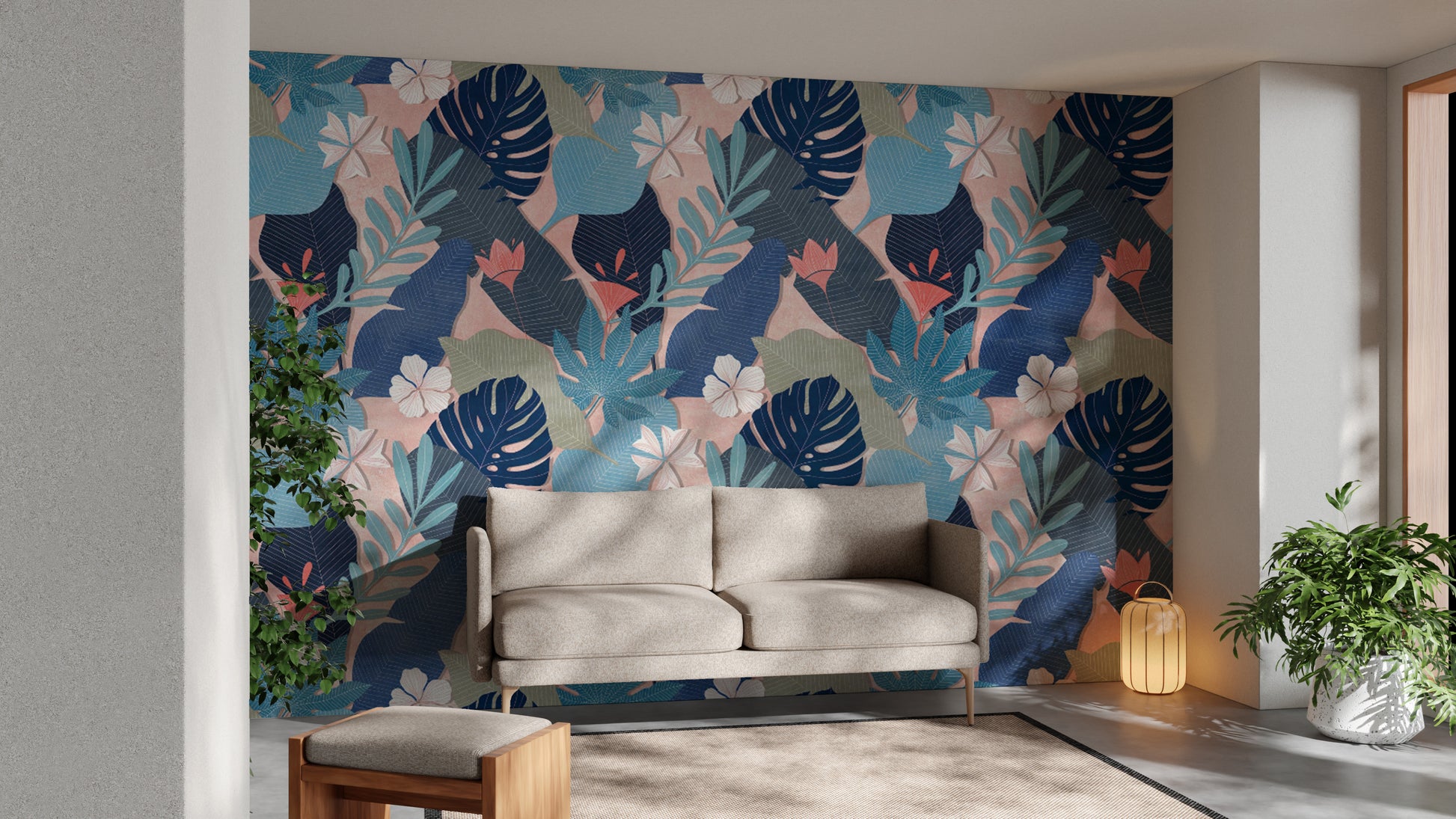 Soft blue oasis foliage wallpaper to brighten up your walls.
