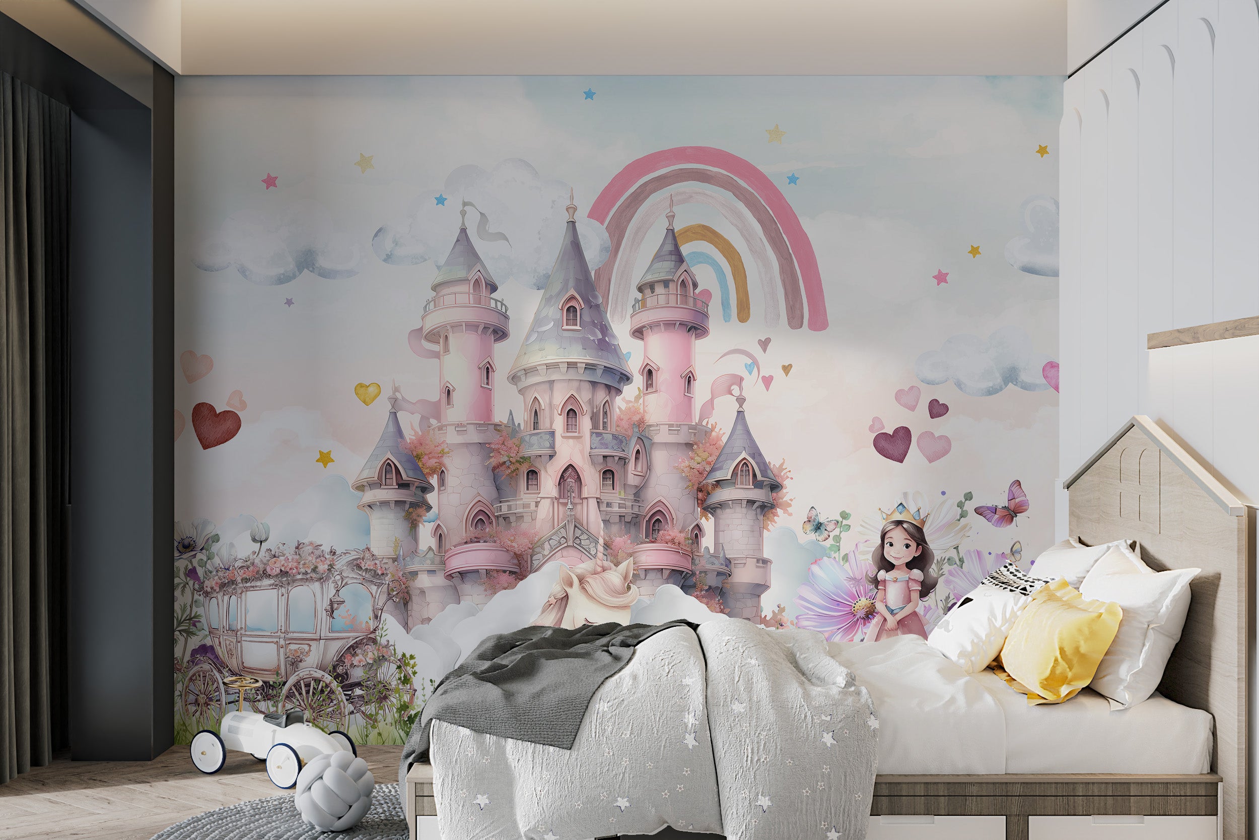 Fairy tale castle with a rainbow and magical elements in pastel tones