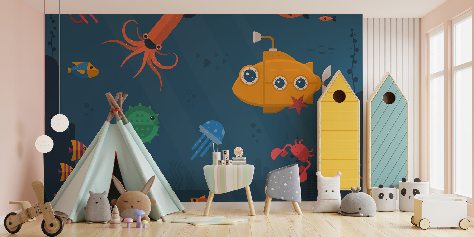 Colorful underwater scene mural with fishes
