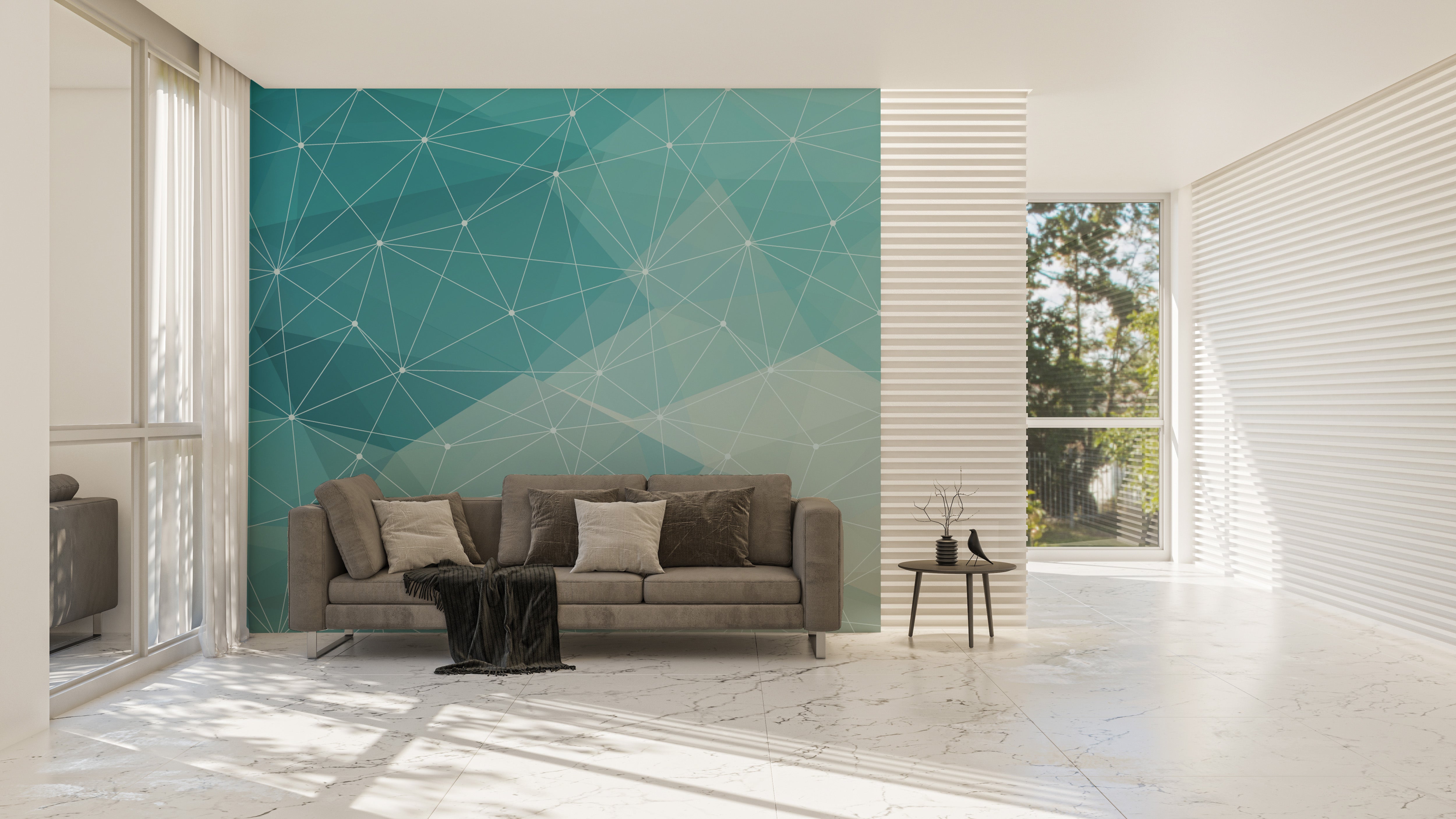 White lines on blue geometric wallpaper mural.