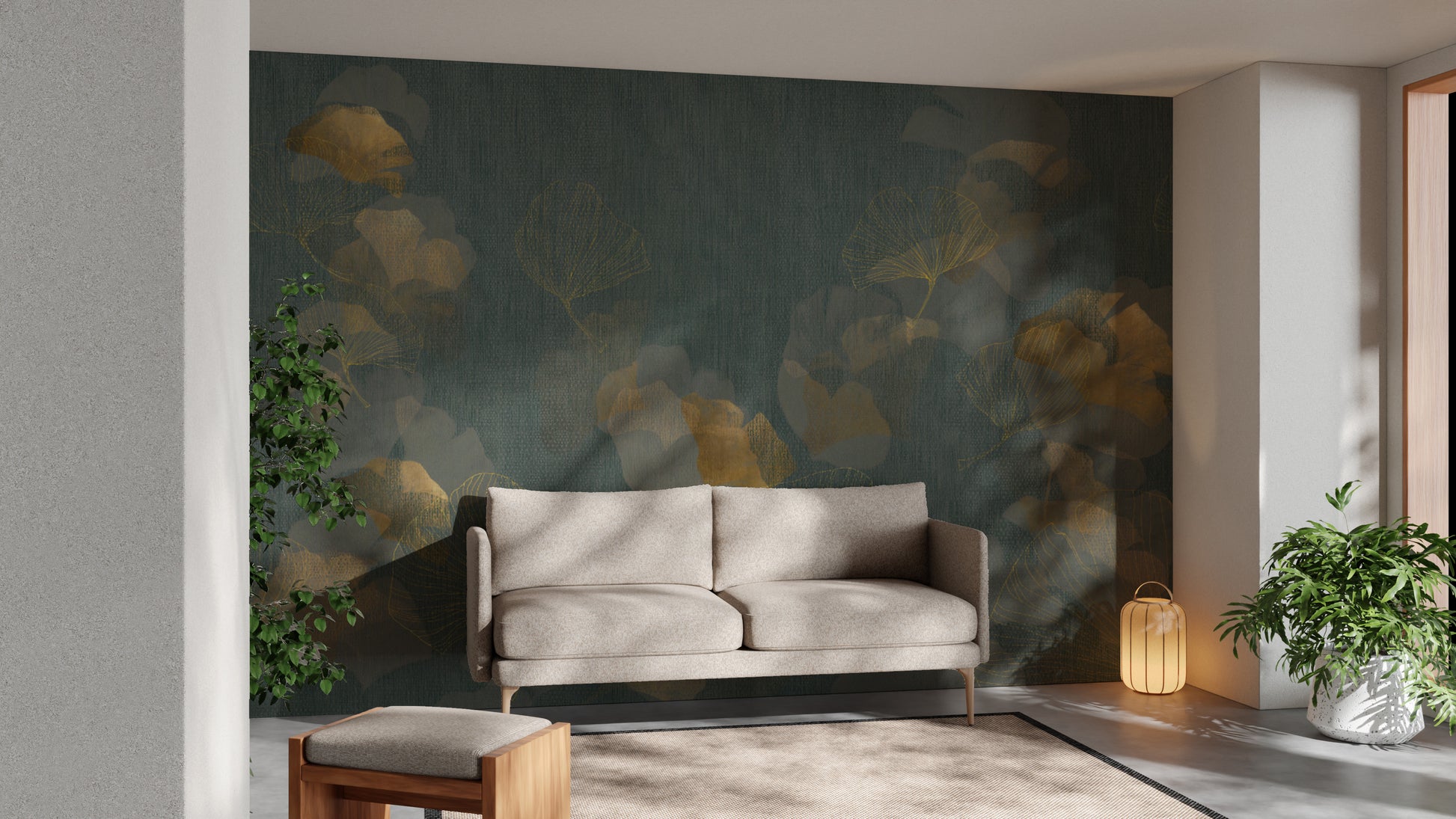 Modern green wallpaper featuring golden ginkgo leaves
