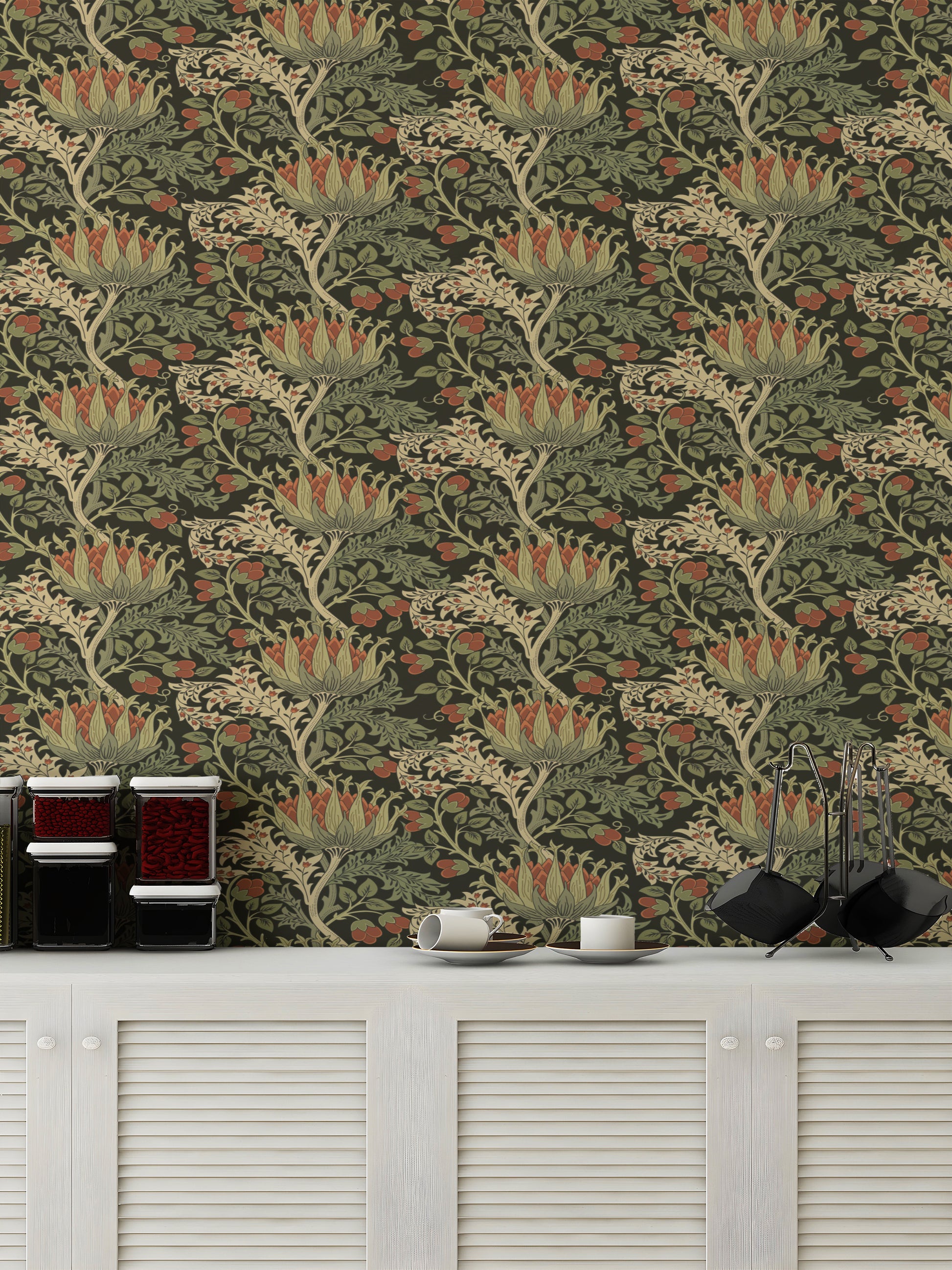 Botanical wallpaper mural featuring lush floral patterns