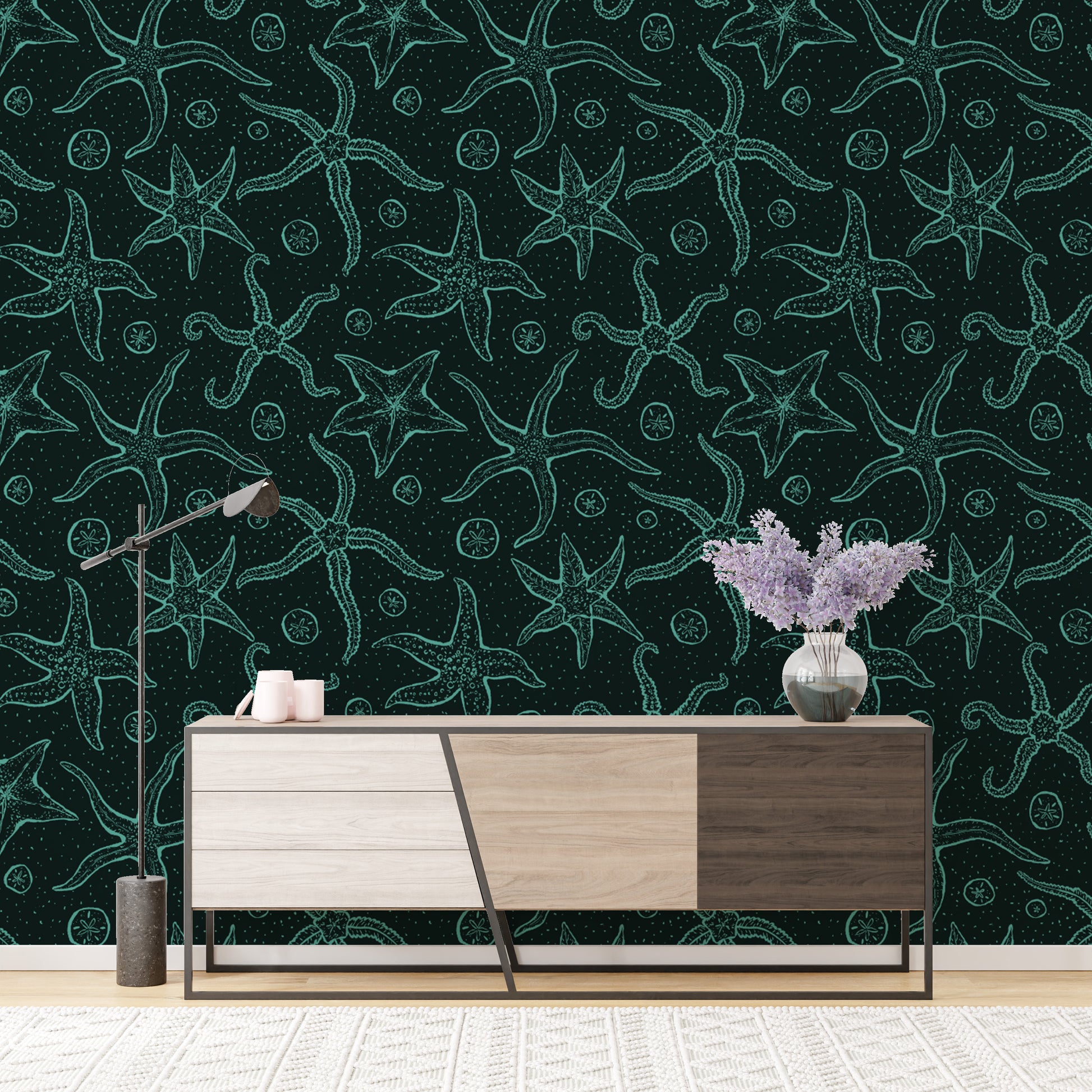 Sophisticated echinoderms wallpaper in dark blue for modern walls.
