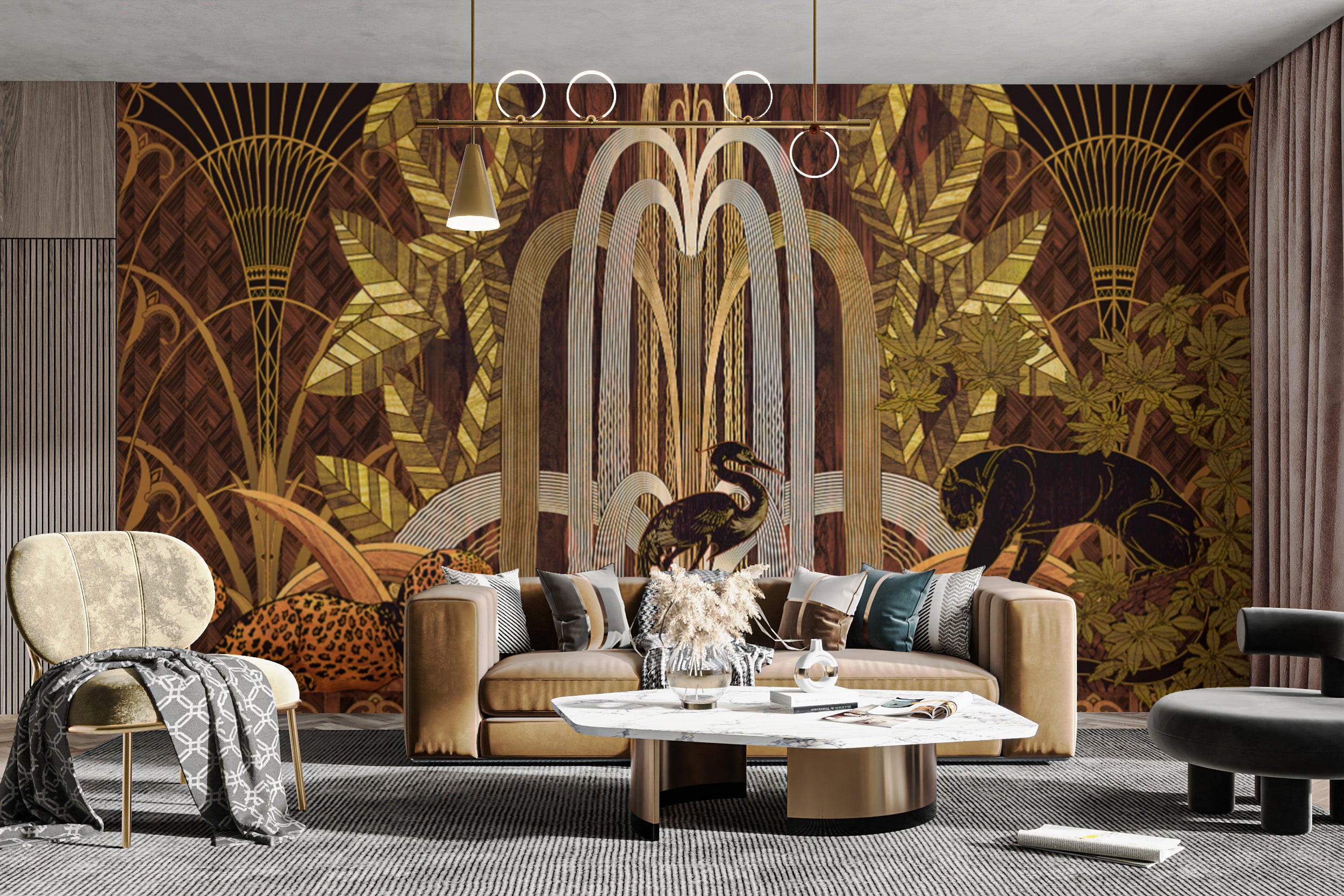 Leopard and panther amidst golden leaves in Art Deco style mural
