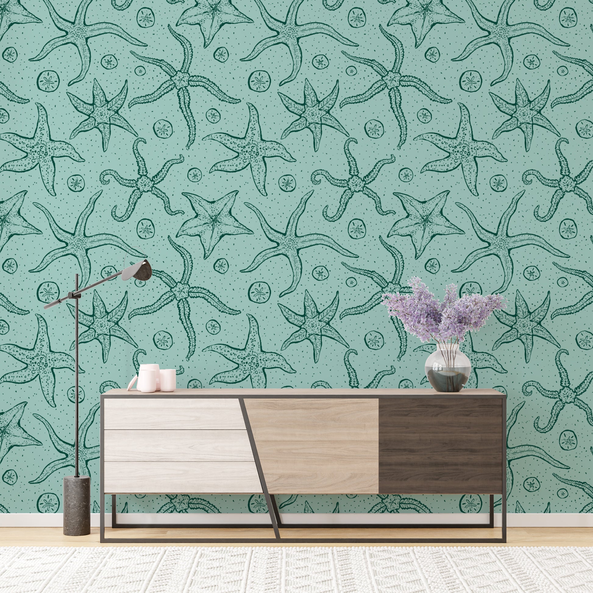 Elegant light blue echinoderms mural for a tranquil oceanic vibe.
