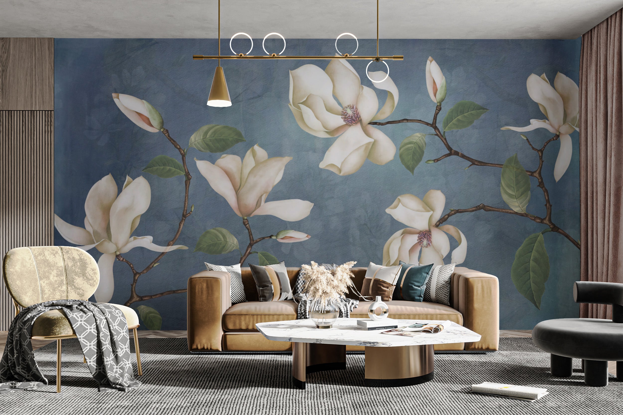 White magnolia blossoms on blue background wall mural
