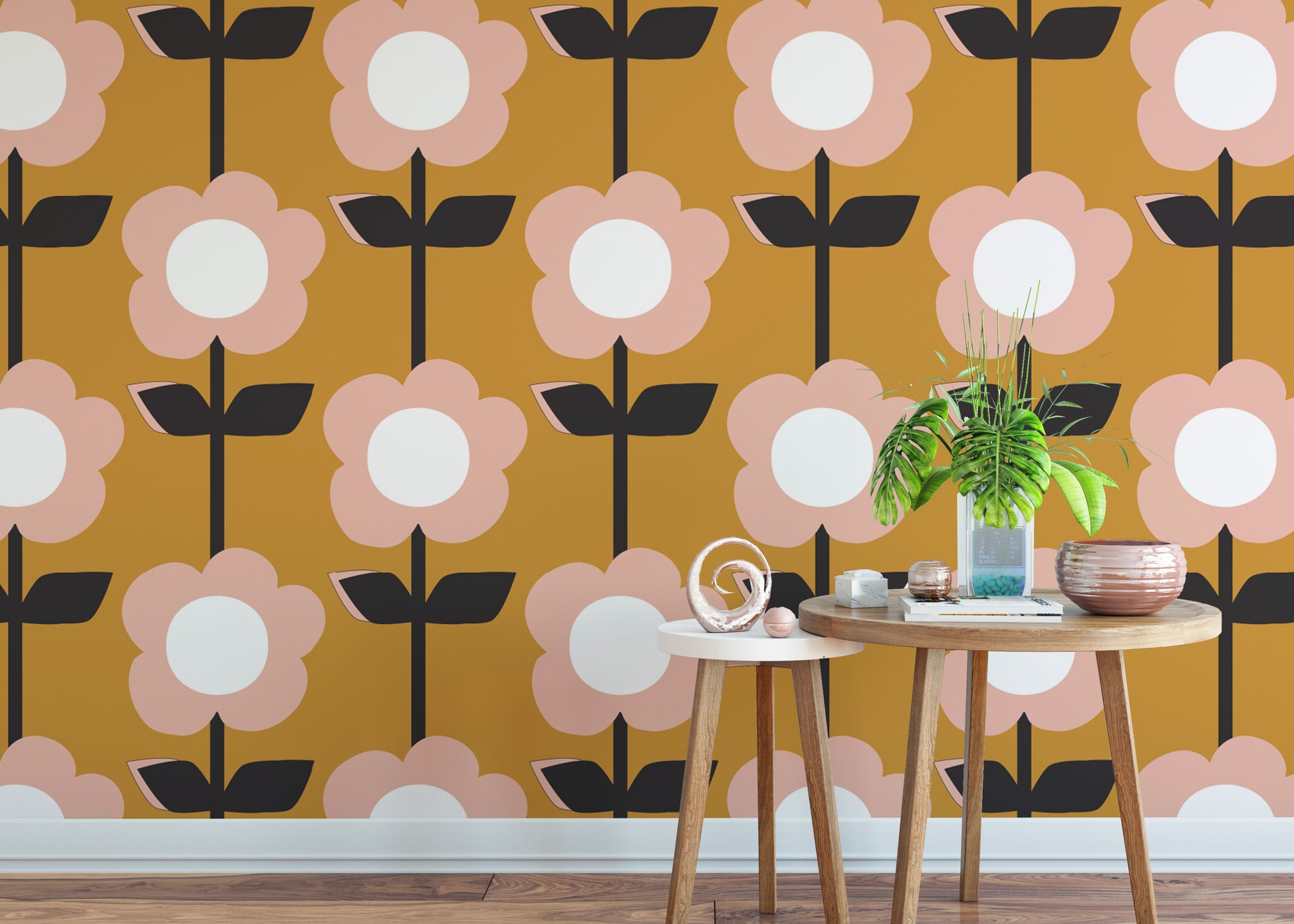 Flower Mustard Design Retro Wallpaper for walls