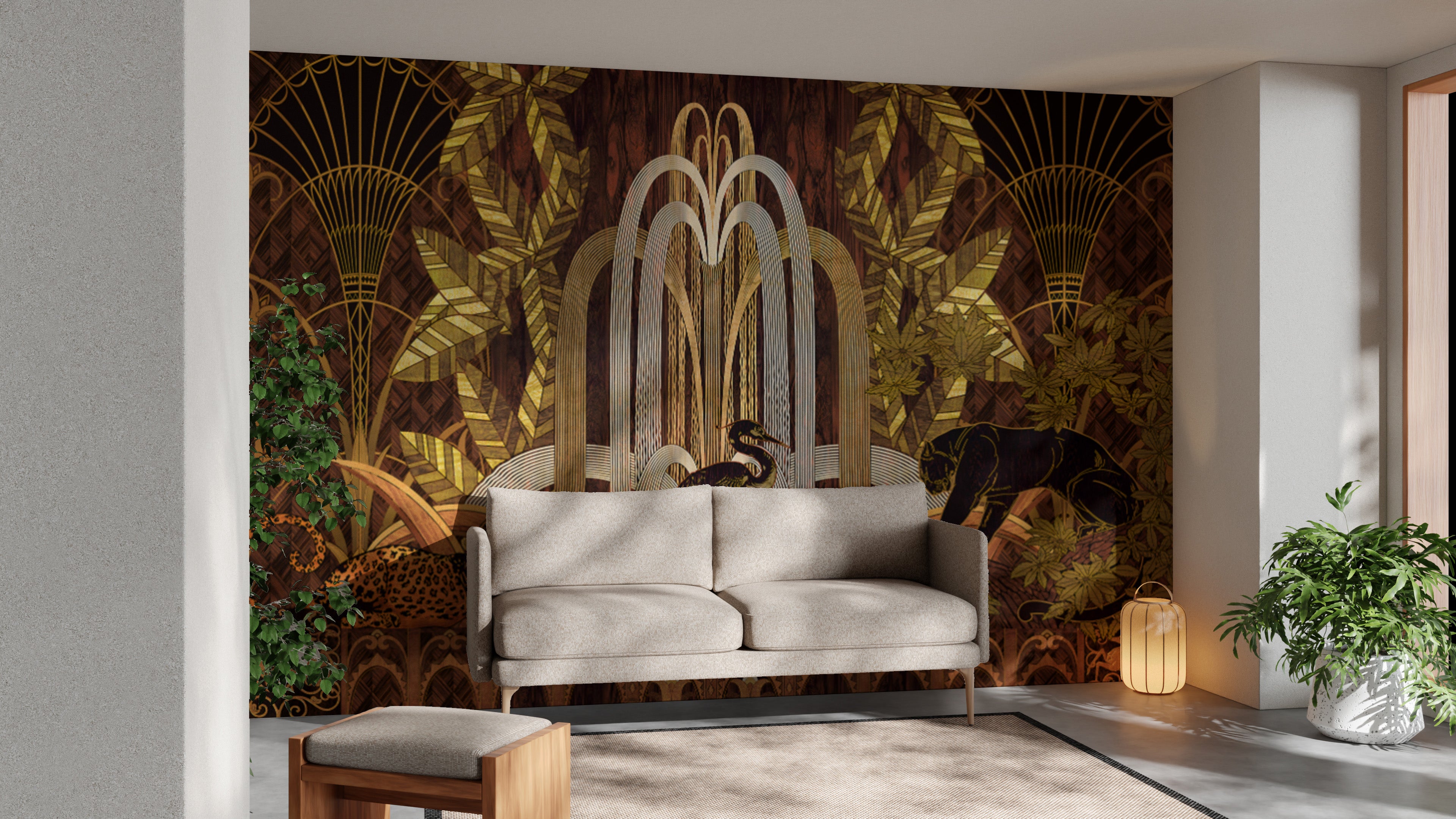 Panther and leopard in a gold botanical Art Deco wall mural
