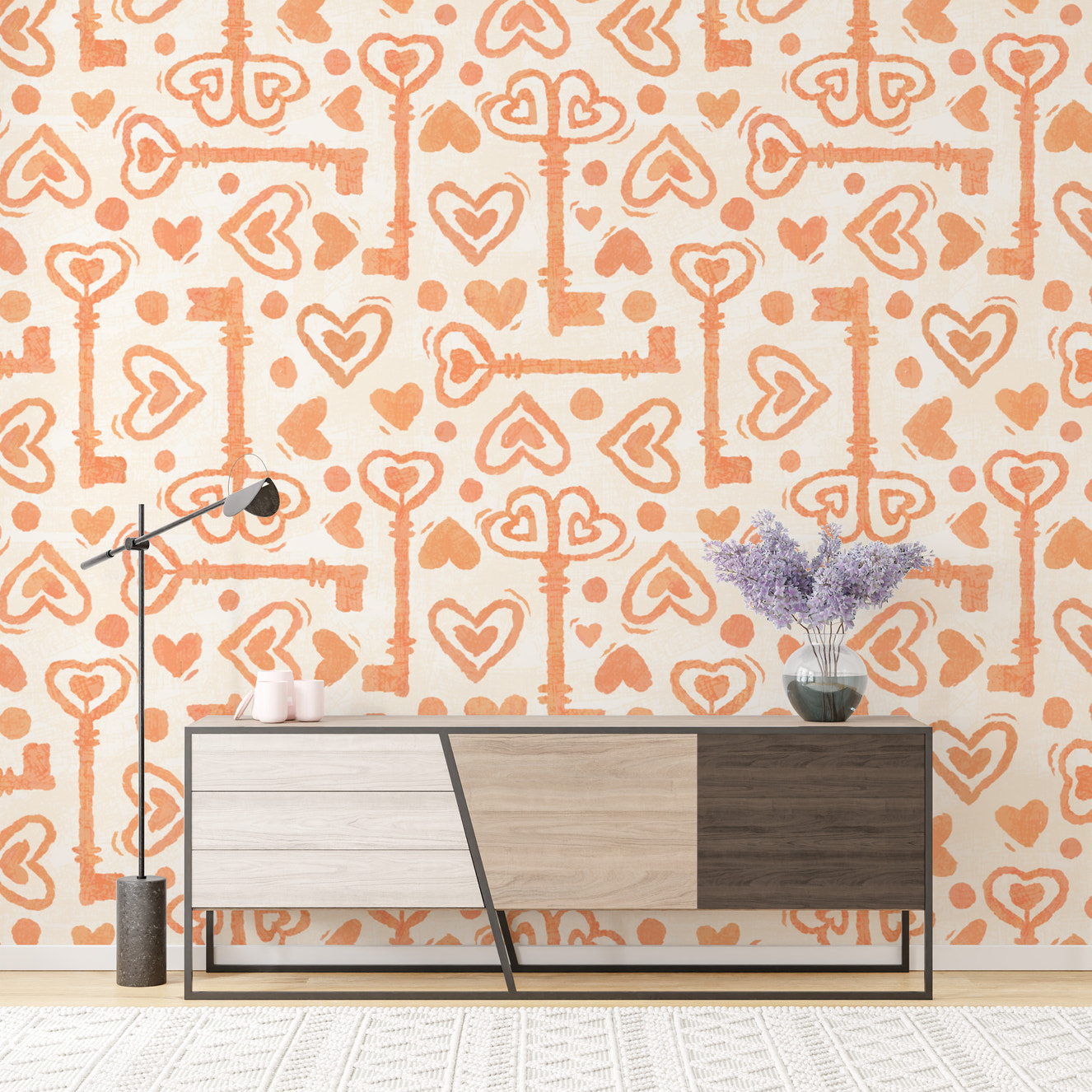 Peach-toned wallpaper with hearts and keys
