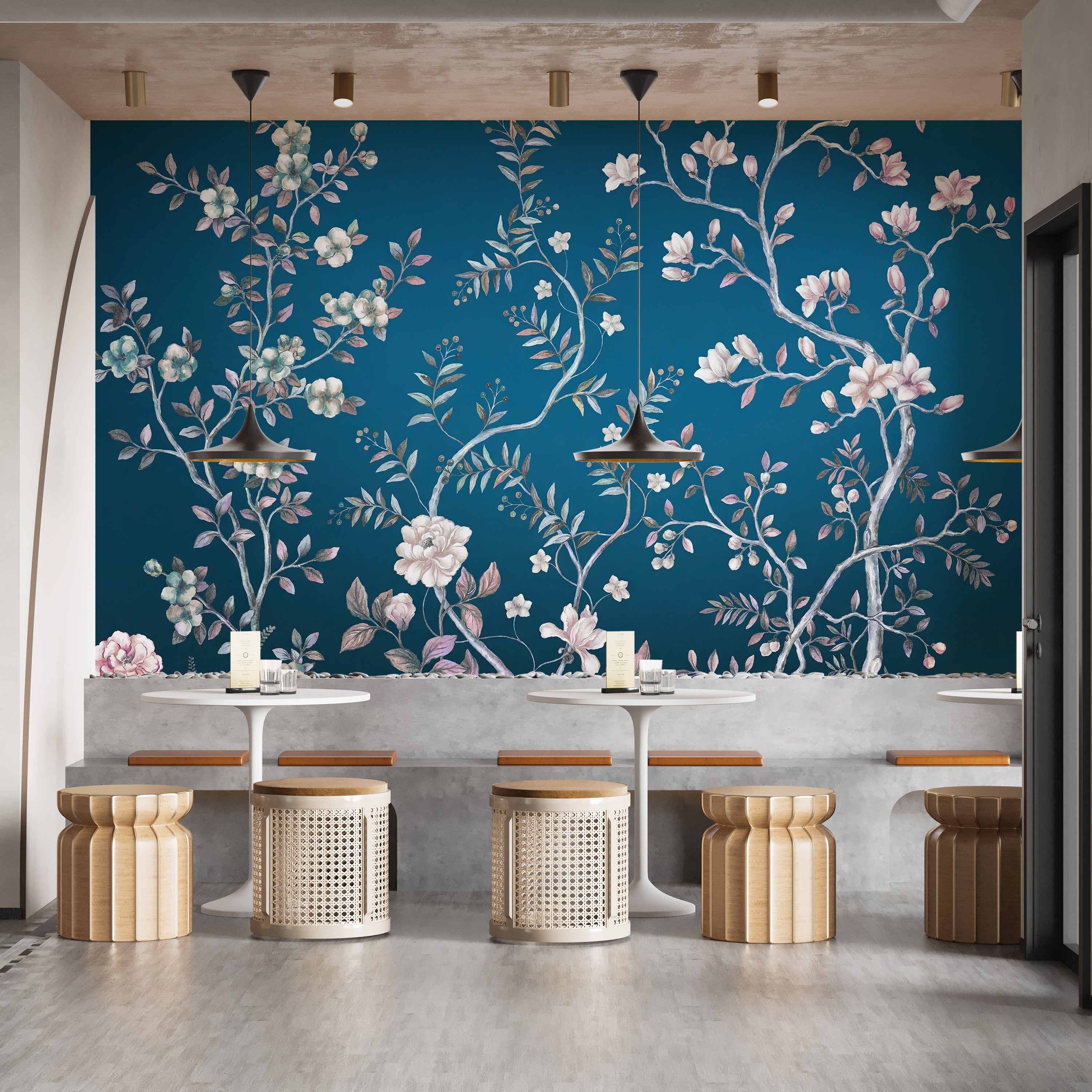 Classic chinoiserie mural in blue tones