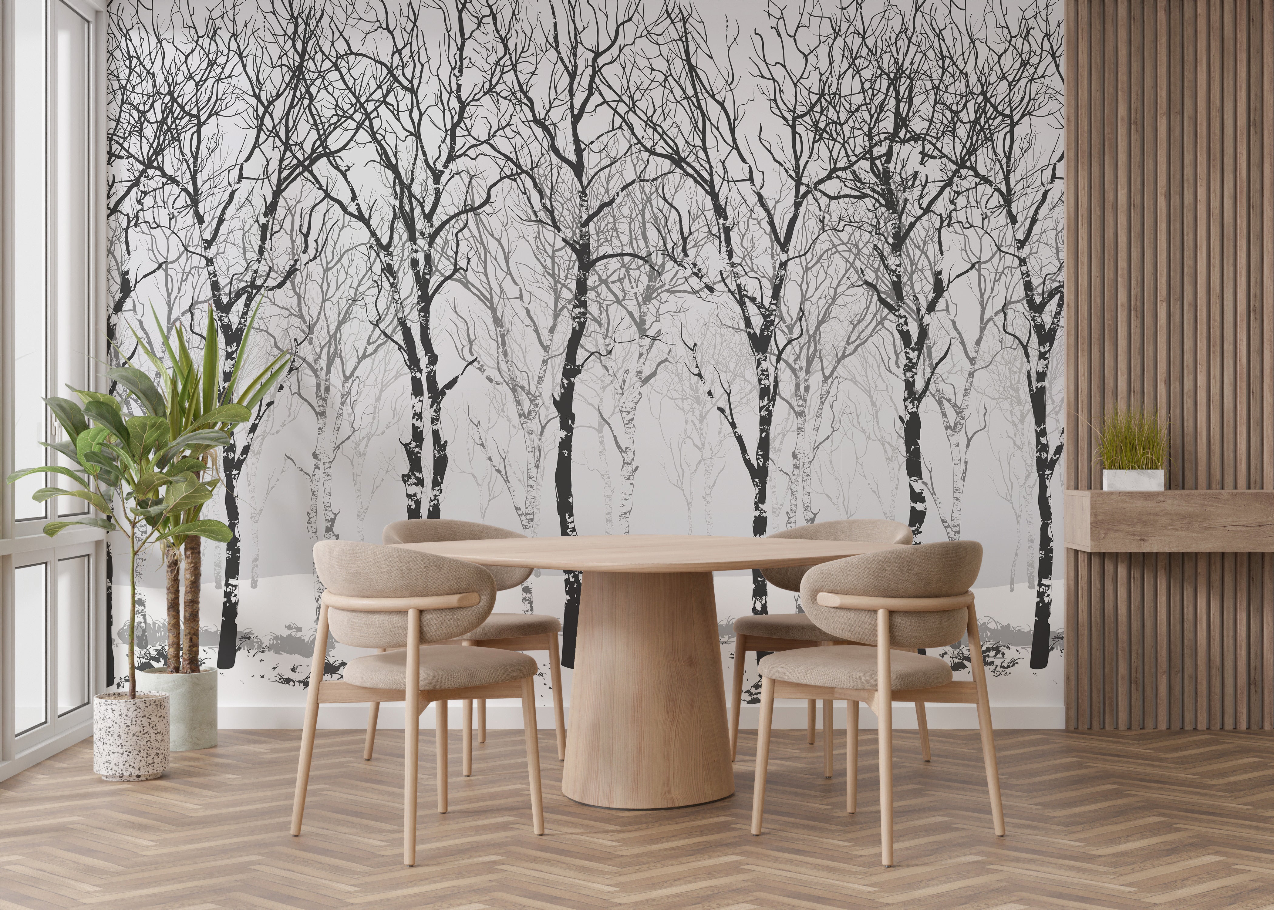 Snow-covered trees in forest wallpaper mural