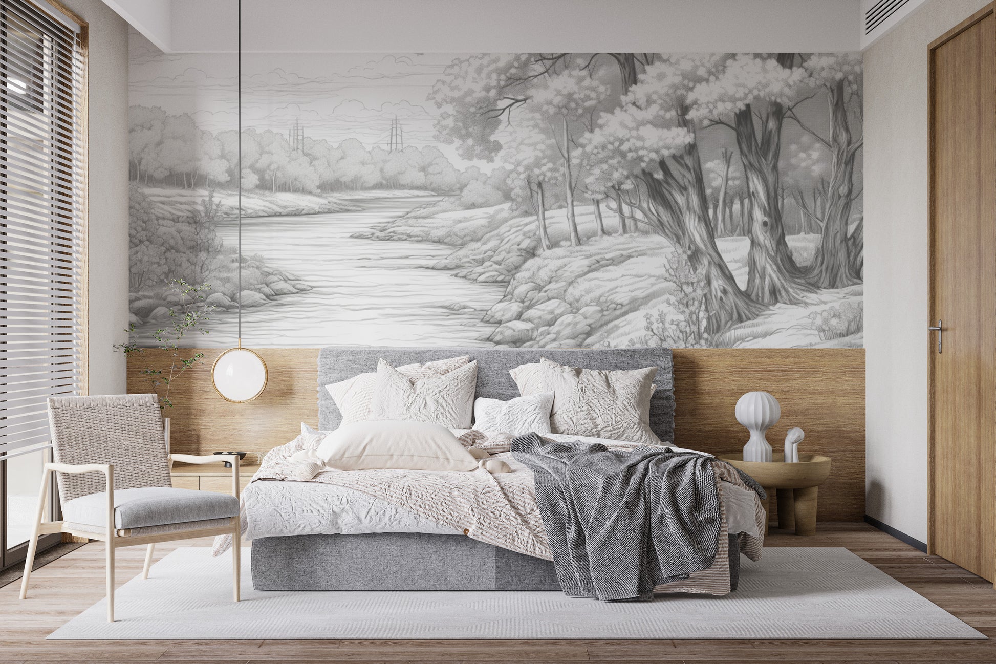 Subtle Grey Wildlife Scene Mural
