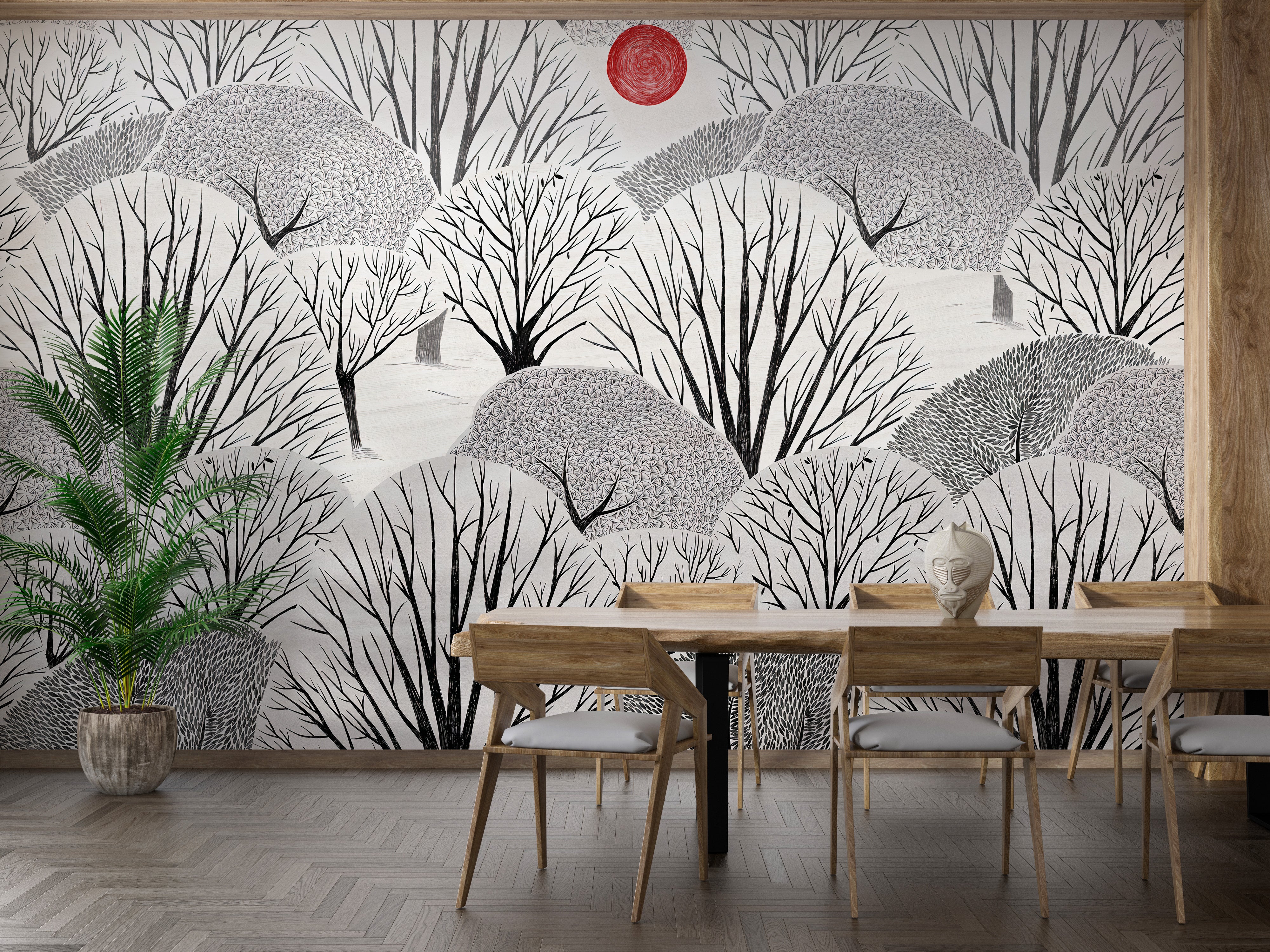 Black and white tree mural for walls