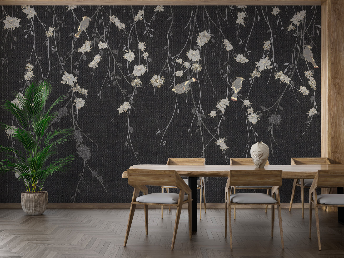 Beautiful Dark Black Flowers & Birds Wallpaper Mural