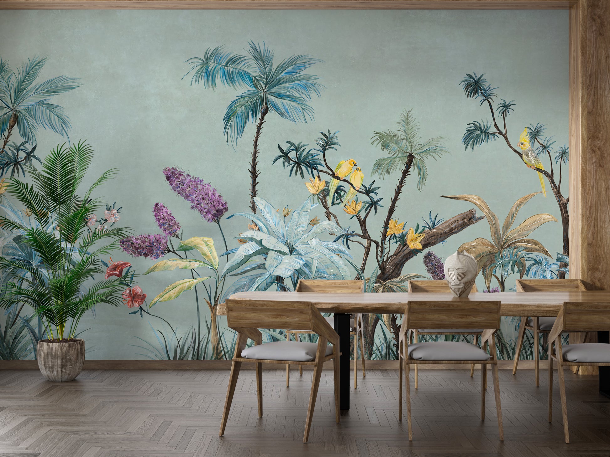 Green boho flowers wallpaper mural for tranquil living spaces.
