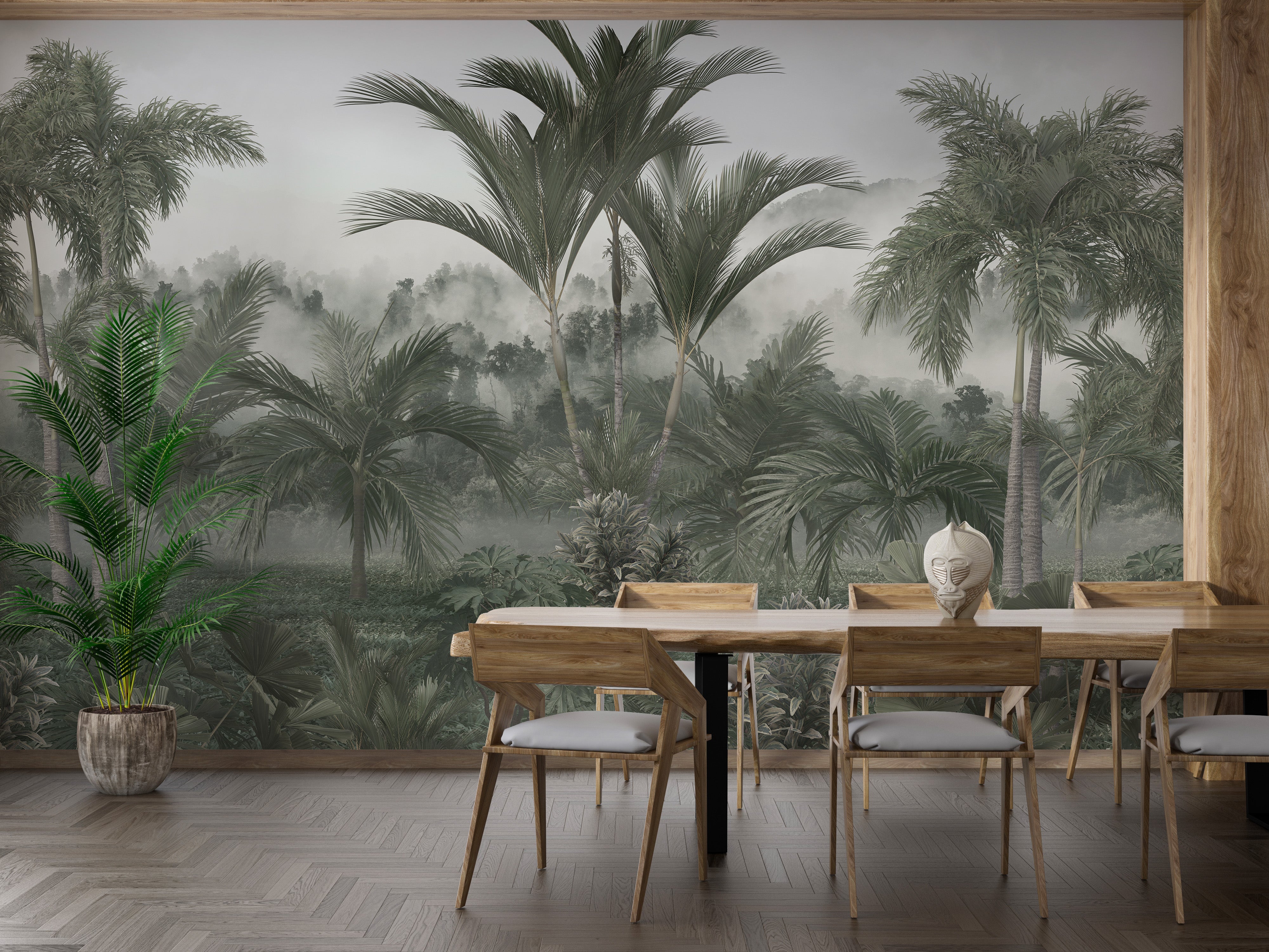 Light and dark green wallpaper mural with forest scenery