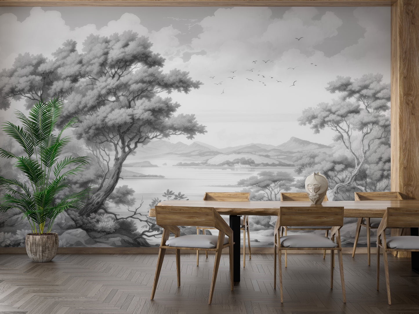 Gray Color Sketched Town Wallpaper Mural