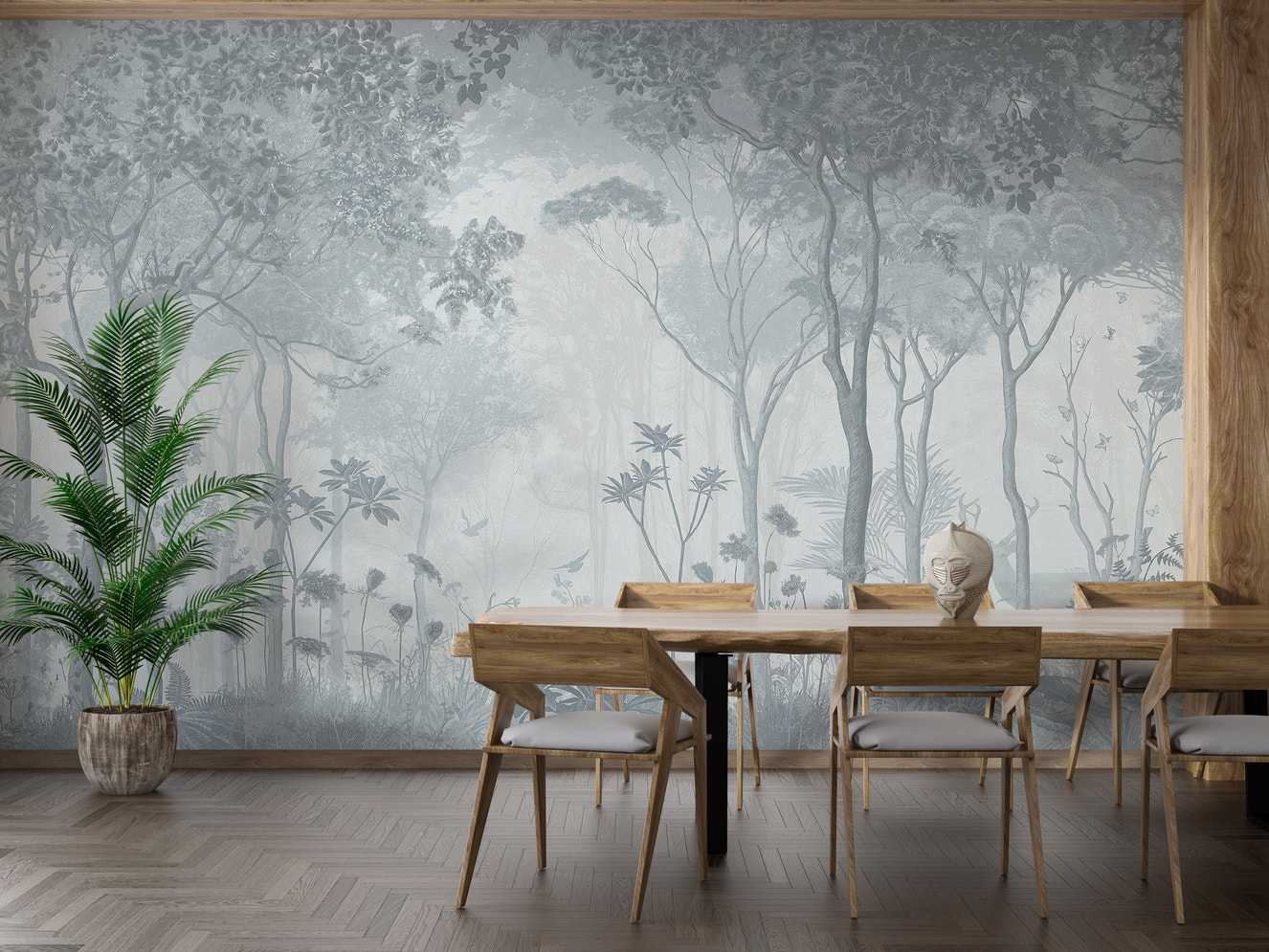 Mystical foggy forest scene wall mural art
