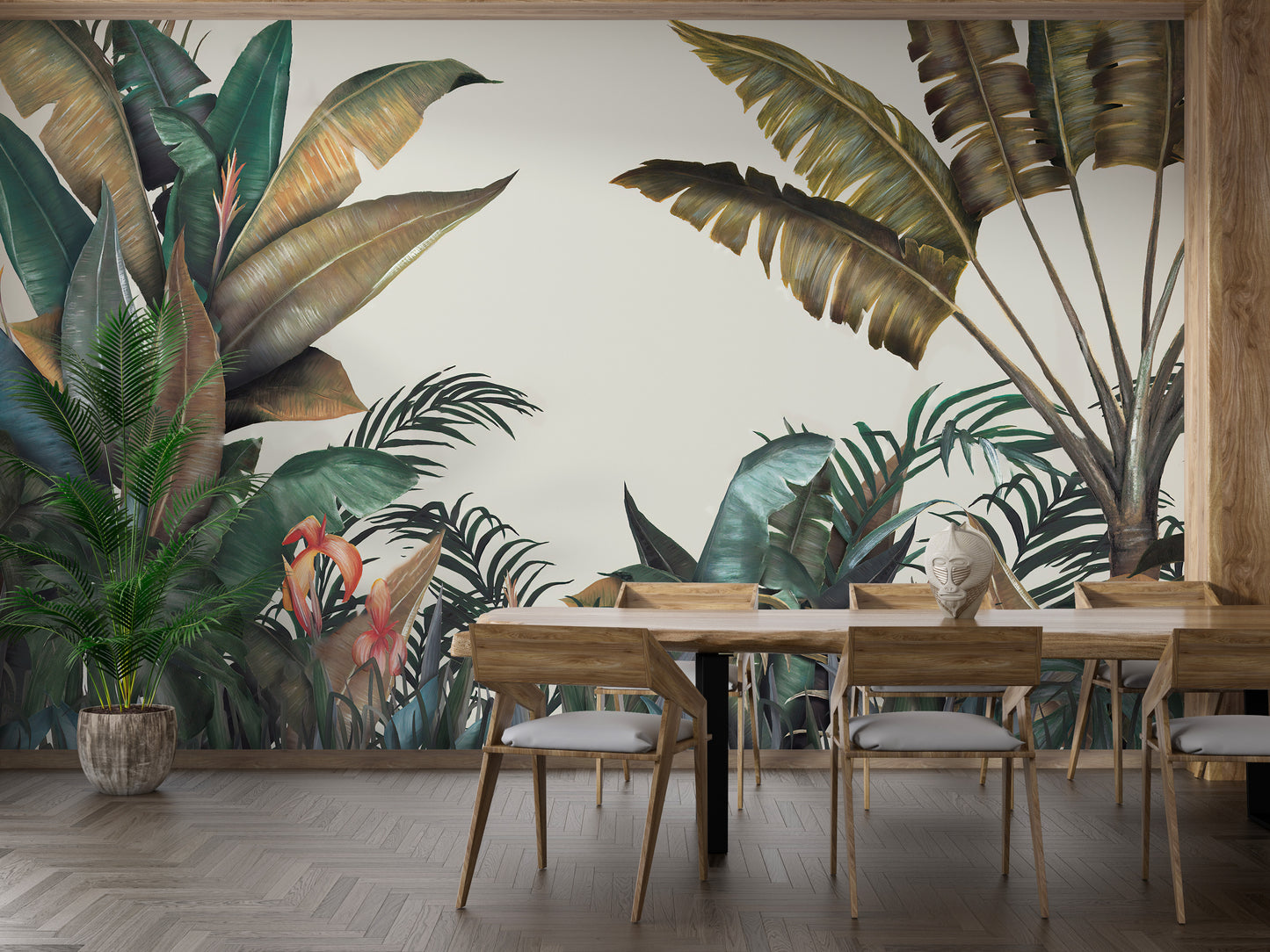 Green & Dusty Yellow Tropical Leaves Wallpaper Mural