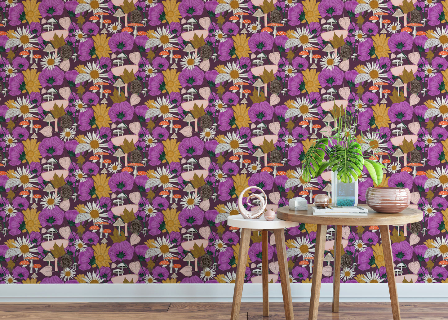 Artistic Wild Flowers and Mushrooms Purple Wallpaper