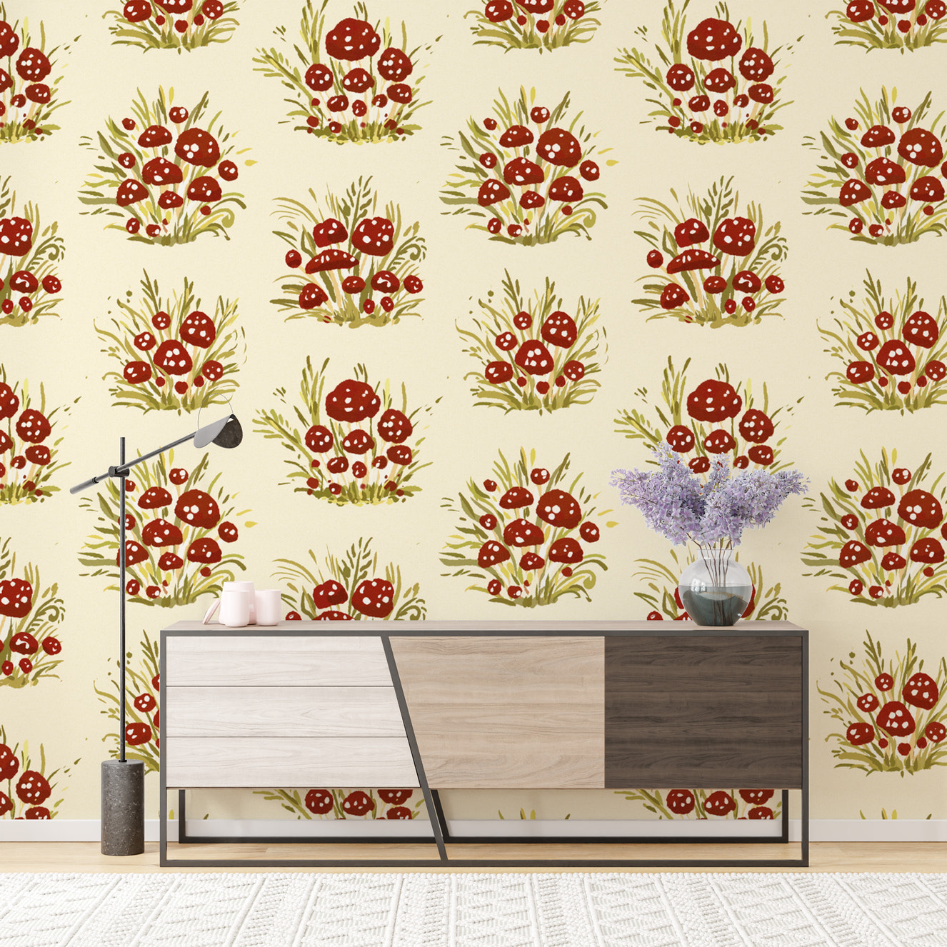 Elegant mushroom millefleurs light wallpaper for airy interiors.
