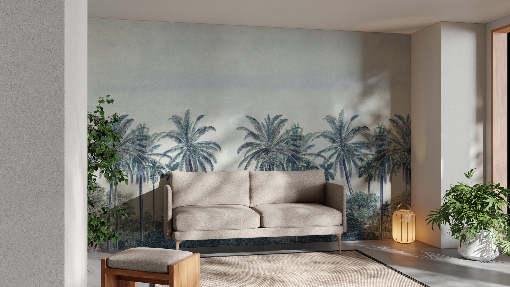 Hand-drawn tropical forest wallpaper design
