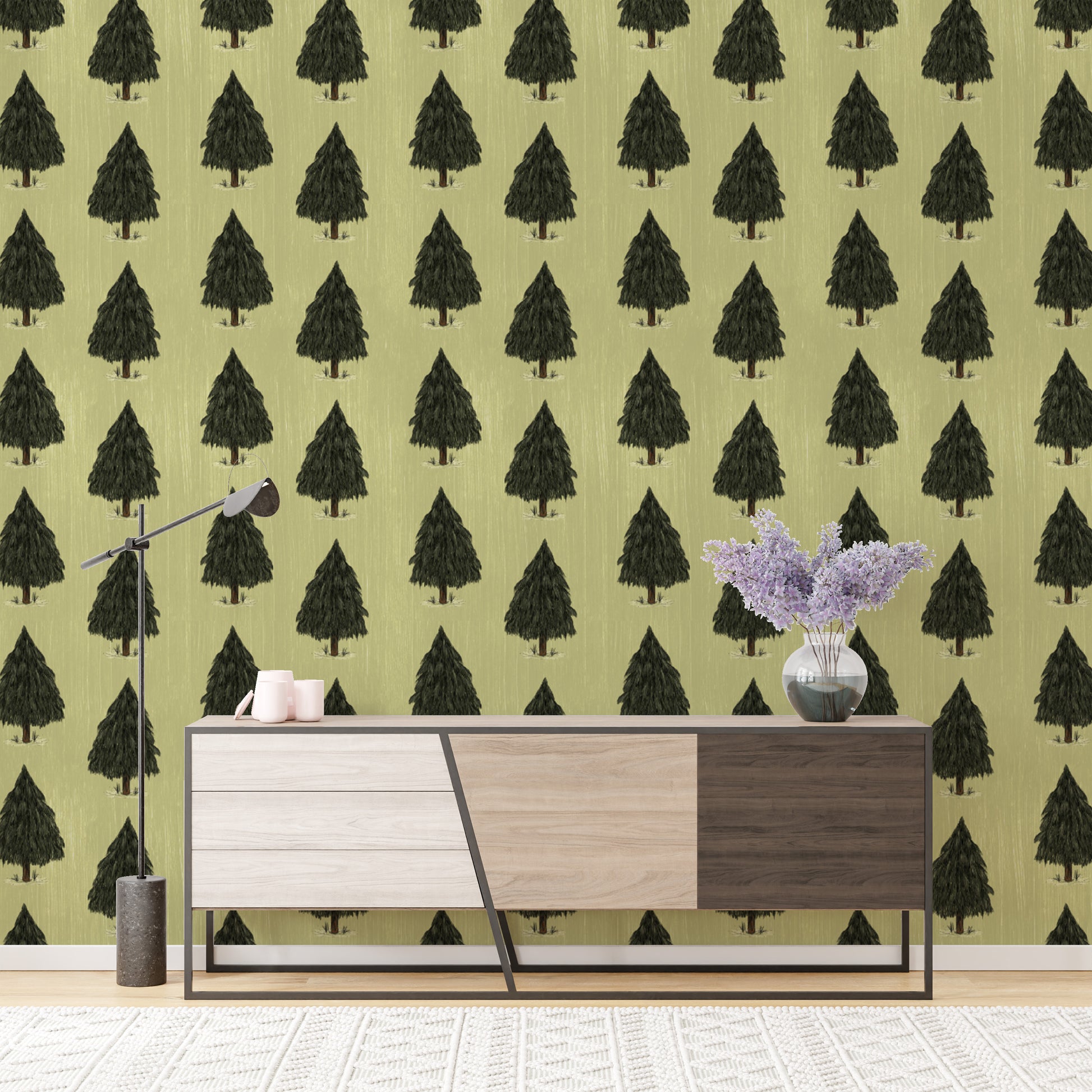 Serene green pine trees wallpaper for nature-inspired interiors.
