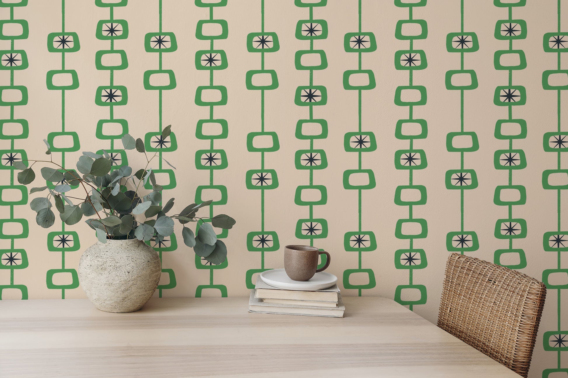 Green Linen Mid Century Atomic Orbs Wallpaper design
