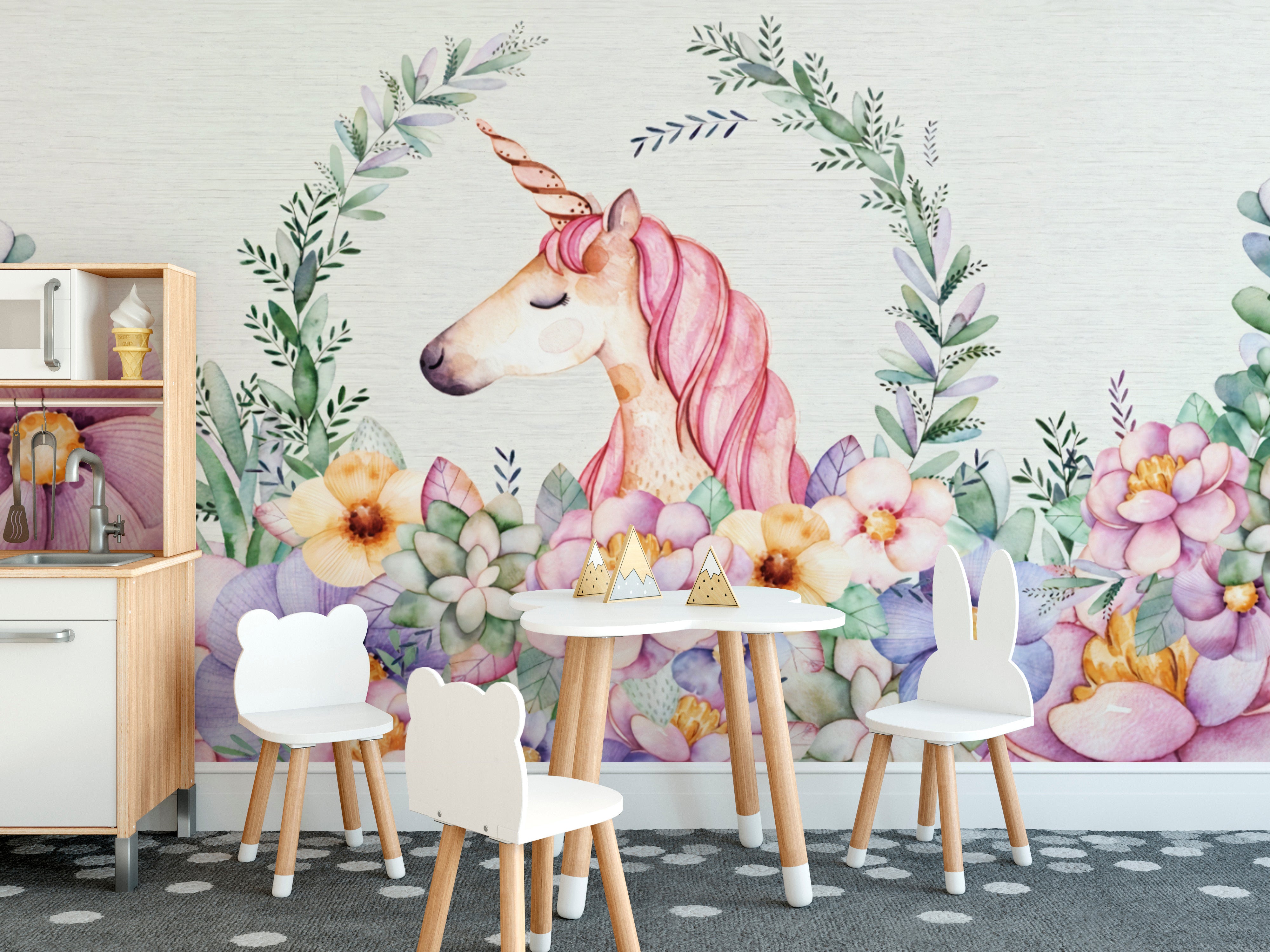 Whimsical Flora and Unicorn Wallpaper
